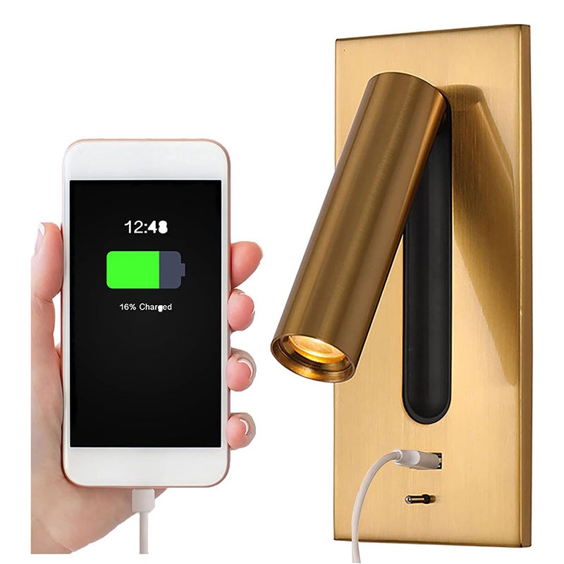 Lampka nocna LED, wpuszczana lampka nocna/ścienna z wejściem USB, regulowana w zakresie 350°, składana w zakresie 90°, ciepłe światło 3000K.