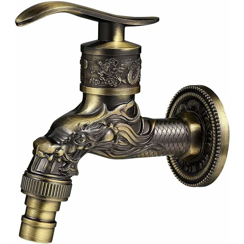 Retro kran ścienny z mosiądzu, kran zewnętrzny ogrodowy G1/2", antyczny kran mosiężny, kran ścienny w stylu vintage, miedziany smok