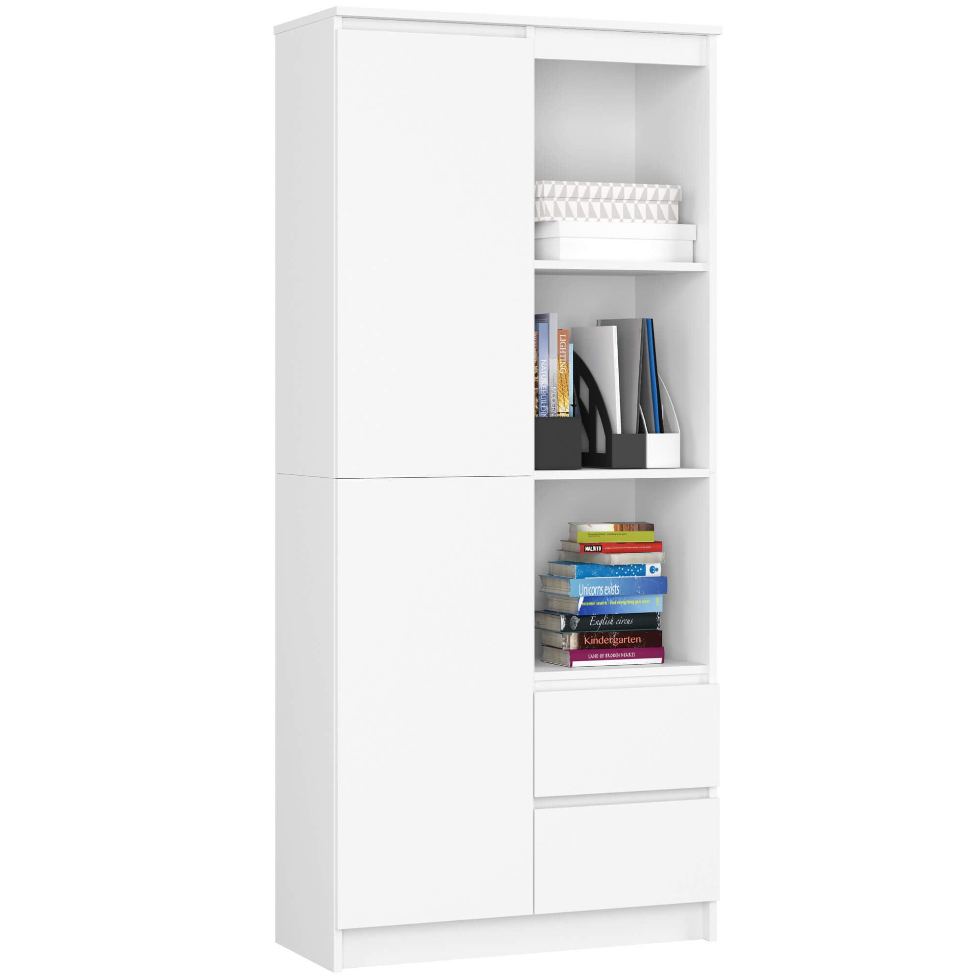 Regał AKORD R11 Biały 80 cm 1 drzwi 2 szuflady kolor Biały mat 7 półek 80x35x180 cm