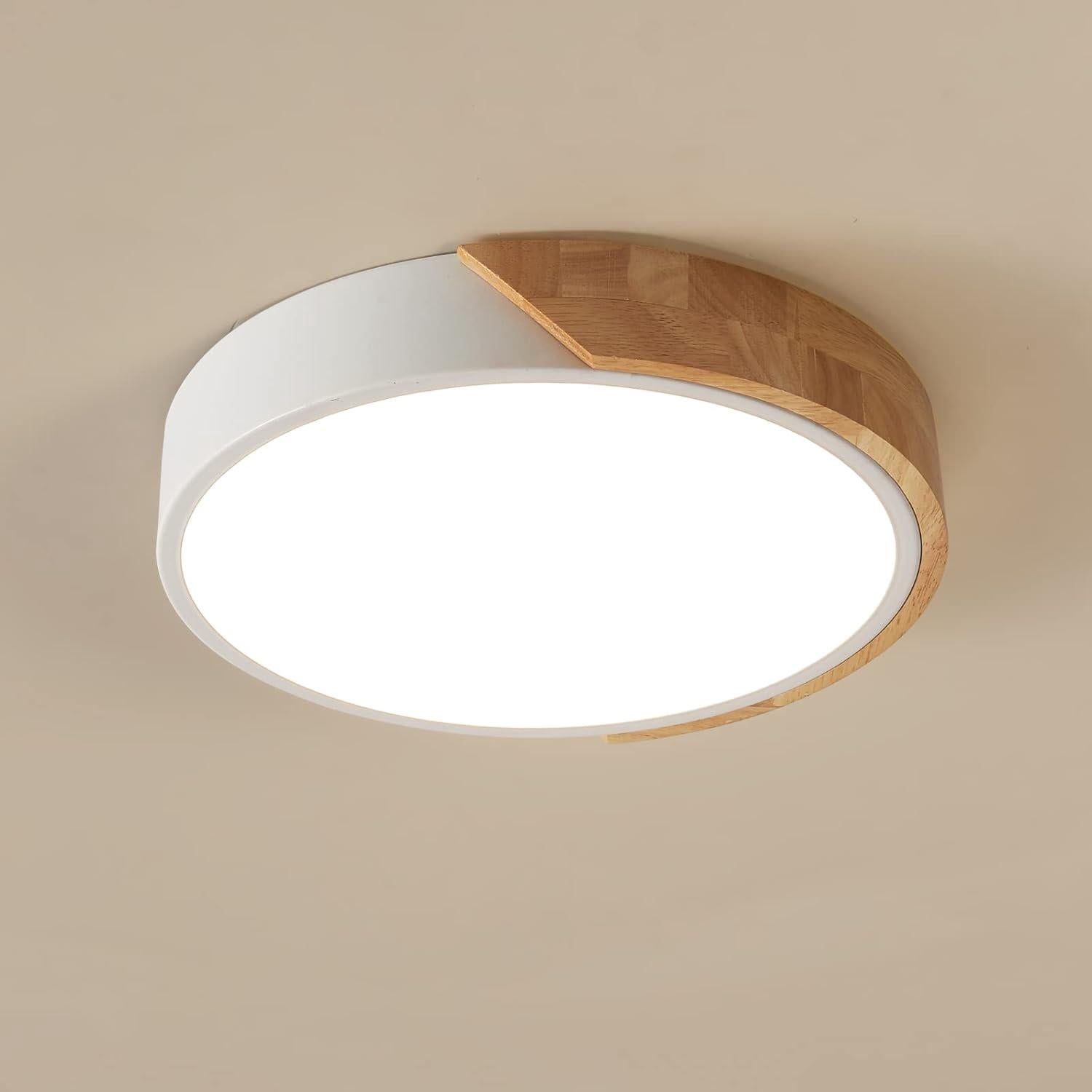 Lampa sufitowa LED, 18 W, wpuszczana w sufit, czarna, ciepła biel 3000 K, nowoczesna, smukła, okrągła, drewniana oprawa do sypialni, salonu, kuchni, k