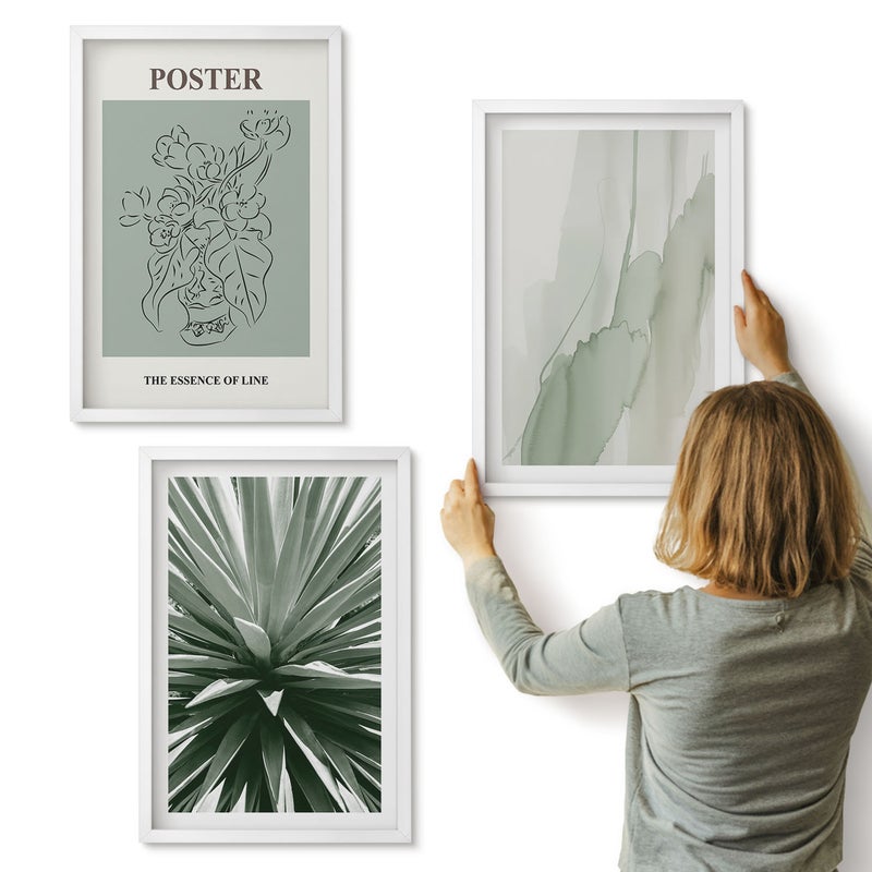 Galeria ścienna 3-częściowy komplet obrazów w białych ramach - Roślinne wzory w odcieniach zieleni i beżu - ArtPrintCave
