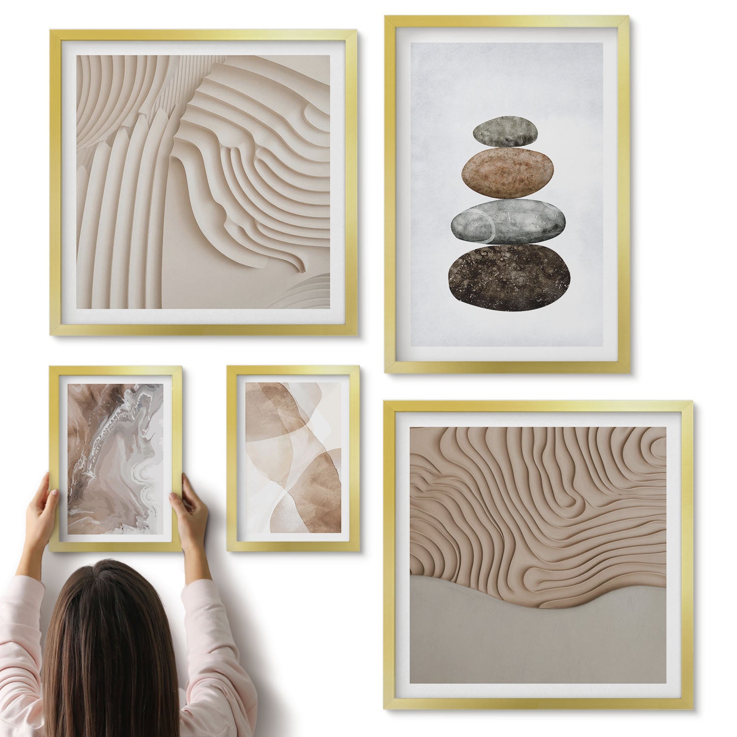 Galeria ścienna 5-częściowy komplet obrazów w złotych ramach - Abstrakcja kształtów malowane struktury w pastelowych barwach - ArtPrintCave