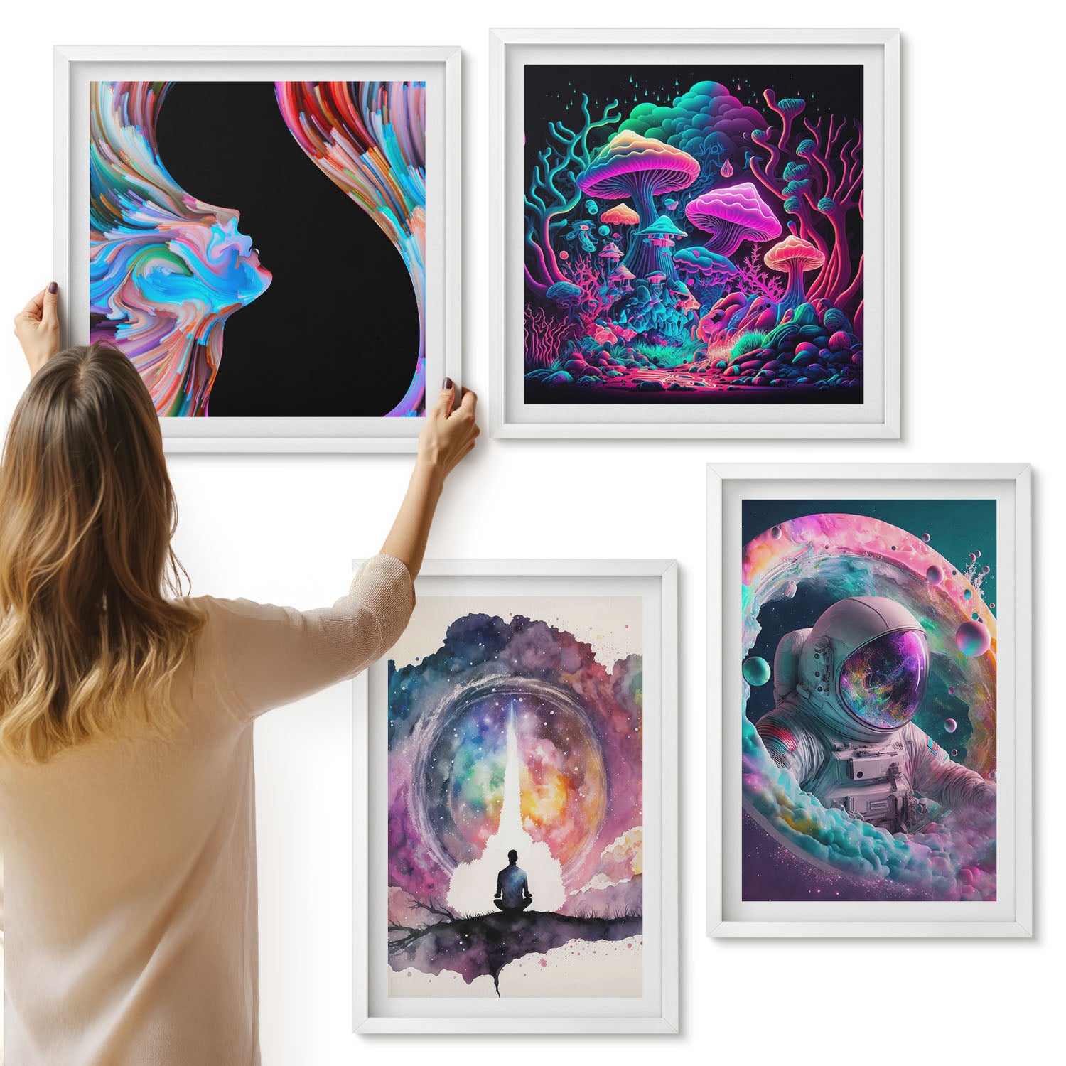 Galeria ścienna 4-częściowy komplet obrazów w białych ramach - Kolorowe ilustracje w stylu fantasy sztuka - ArtPrintCave