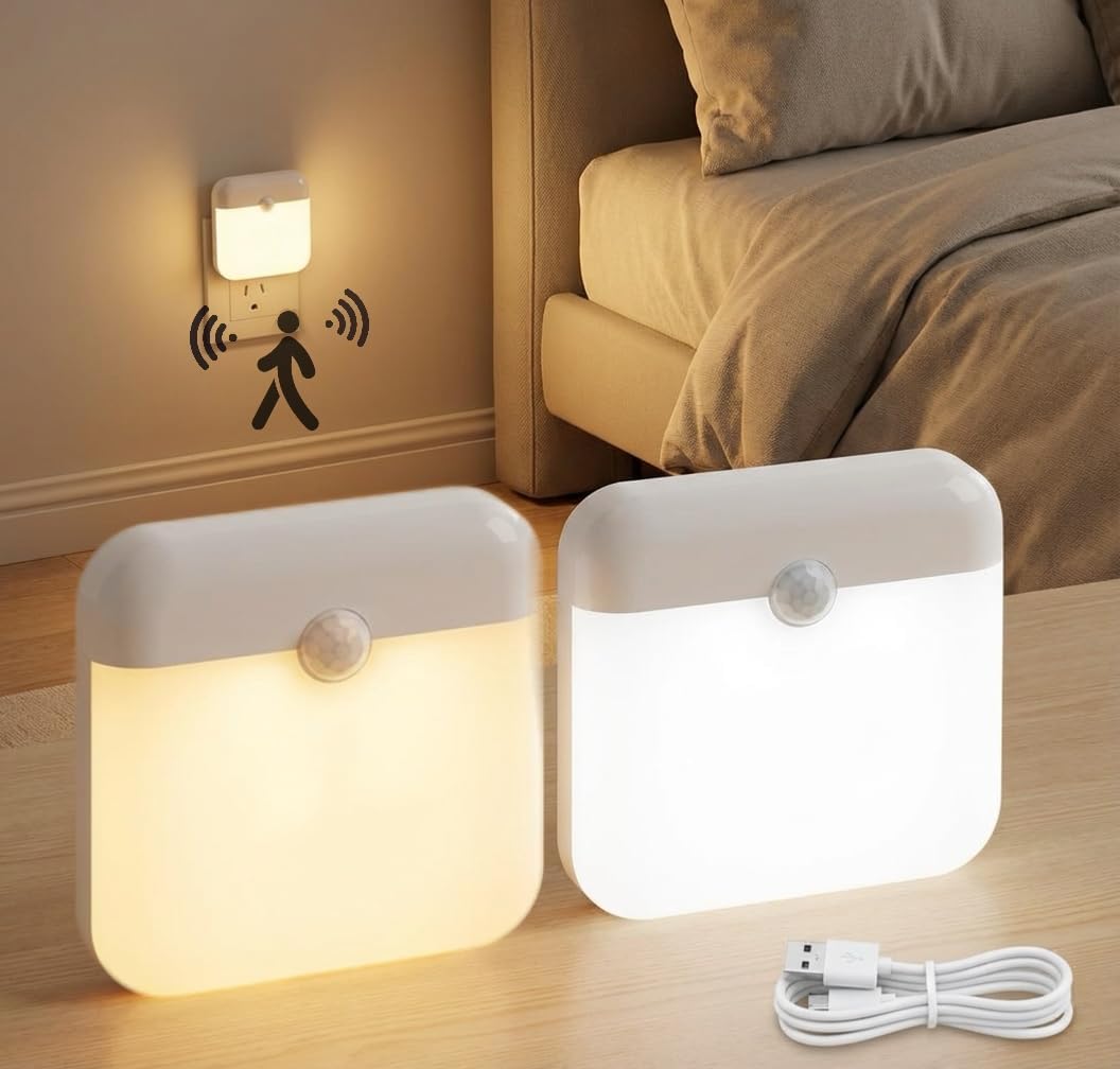 Zestaw 2 lampek nocnych z czujnikiem ruchu, diody LED z magnetycznym czujnikiem zmierzchu, barwa światła 3000K/6000K, ciepła biel, akumulatorowa la