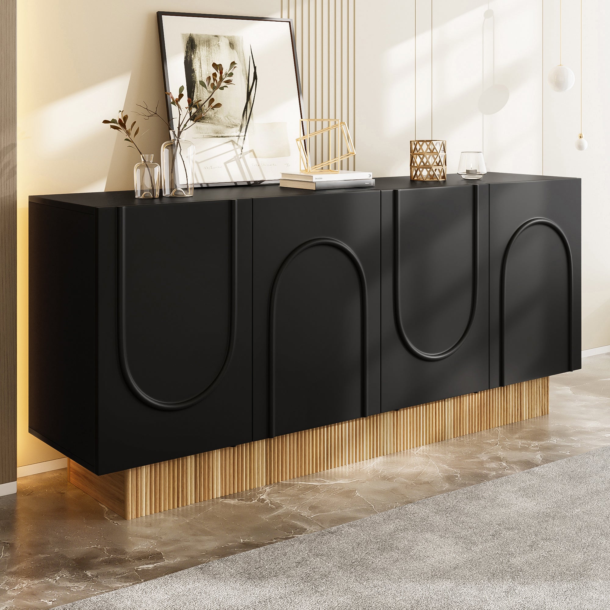 Nowoczesny buffet 160x38x75 cm - 4 fronty - Wzór wypukły - Płyty wiórowe - Czarny + kolor naturalny