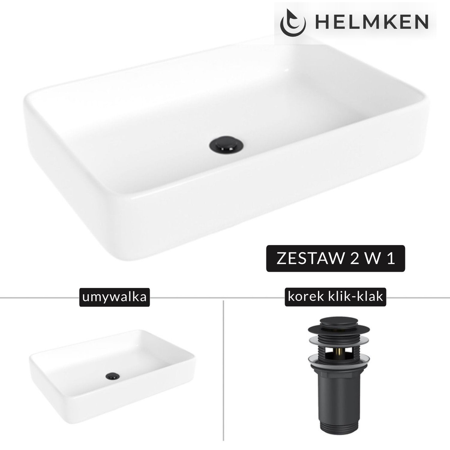 Umywalka nablatowa Helmken 84261000 (61.5x41) Biała + Korek klik-klak Czarny Mat