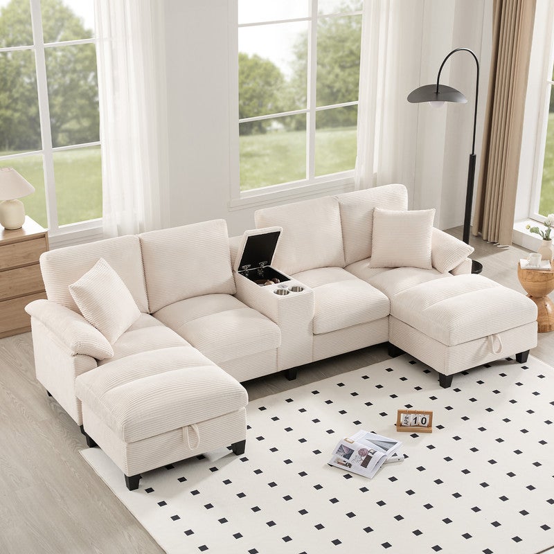 Sofa narożna 4-osobowa w kształcie U - ze schowkiem - uchwyt na kubek w zestawie - 2 porty USB - beżowa