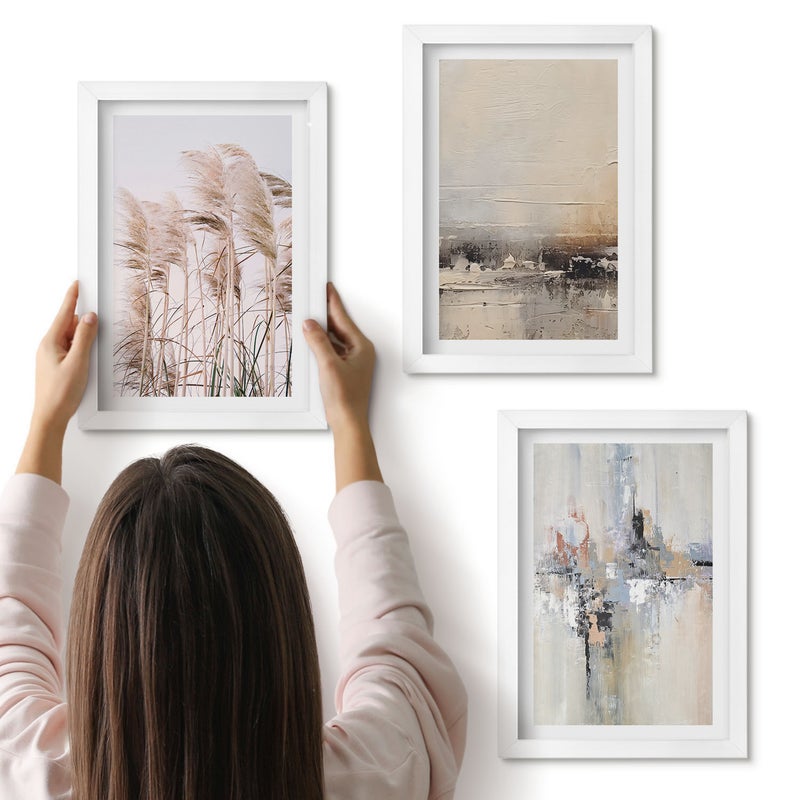 Galeria ścienna 3-częściowy komplet obrazów w białych ramach - Roślinność naturalna abstrakcyjne wzory w stonowanej kolorystyce - ArtPrintCave