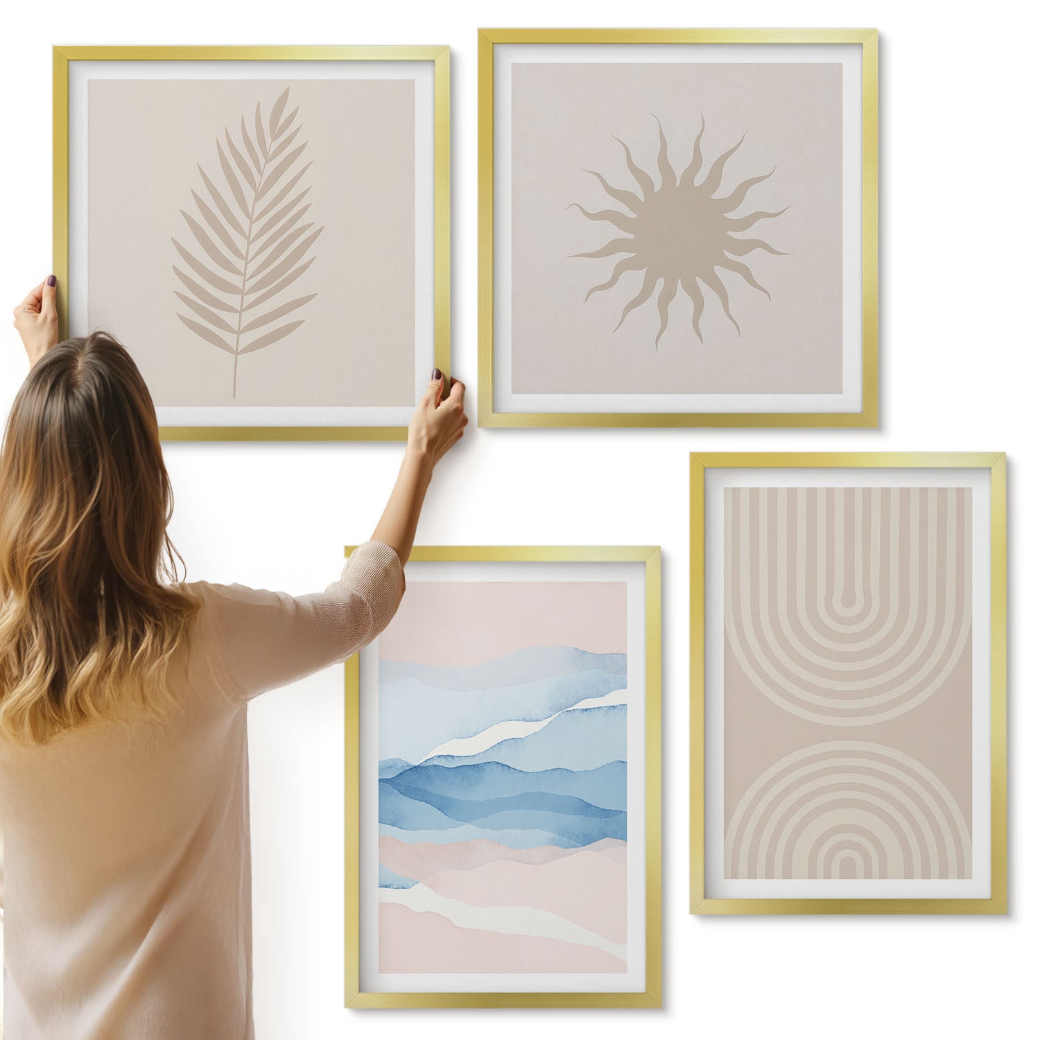 Galeria ścienna 4-częściowy komplet obrazów w złotych ramach - Słońce fale i abstrakcyjne linie w pastelowych kolorach - ArtPrintCave