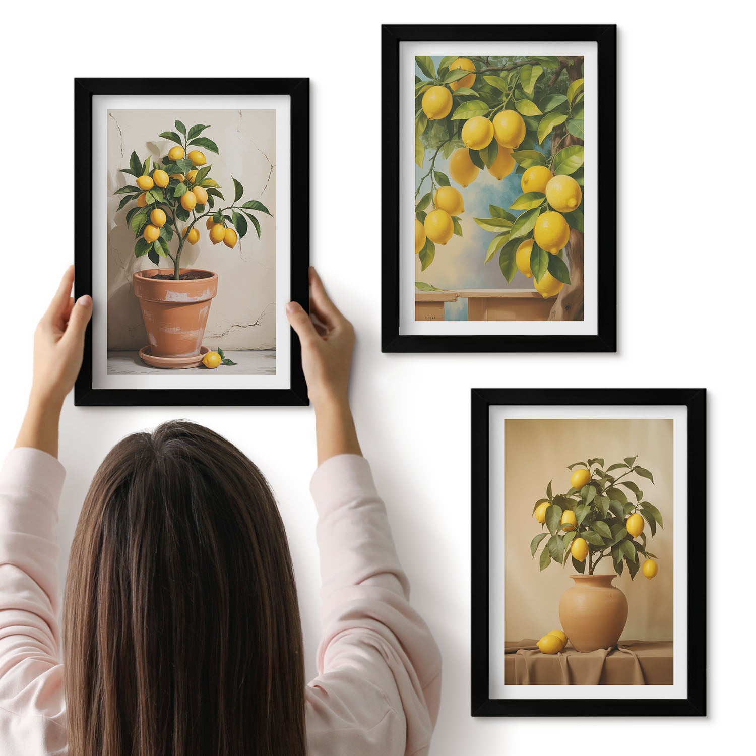 Galeria ścienna 3-częściowy komplet obrazów w czarnych ramach - Cytrynowe drzewka w doniczkach i wazonach - ArtPrintCave