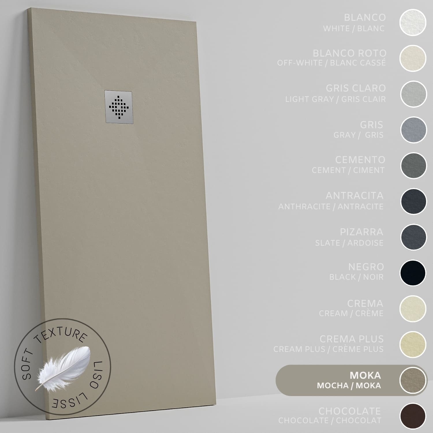 SOULHOME Brodzik prysznicowy– Żywica– Gel Coat– Gładki Jedwab tekstura – Antypoślizgowy – Kolor Moka – 150x90- Niski 3 cm– Standard