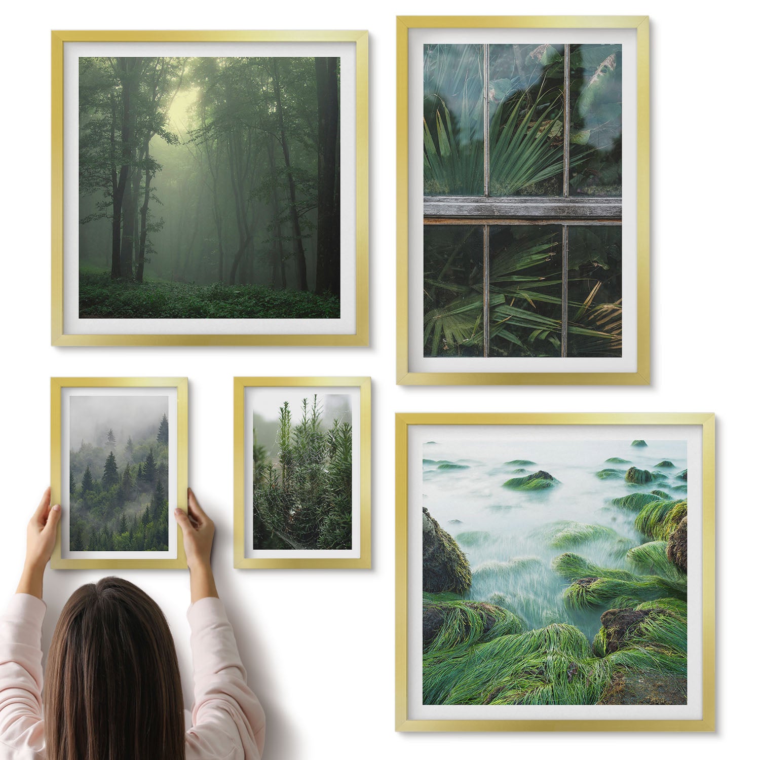 Galeria ścienna 5-częściowy komplet obrazów w złotych ramach - Zielone pejzaże z lasami i roślinnością naturalną - ArtPrintCave