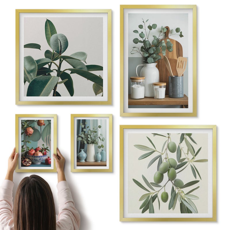 Galeria ścienna 5-częściowy komplet obrazów w złotych ramach - Naturalne akcenty w stylu skandynawskim z roślinami - ArtPrintCave
