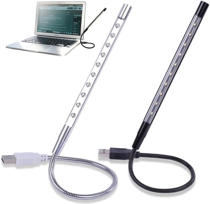 2-częściowa elastyczna lampka do czytania LED USB z gęsią szyjką – ściemnialna lampa do laptopa, książki i łóżka – czarno-srebrna