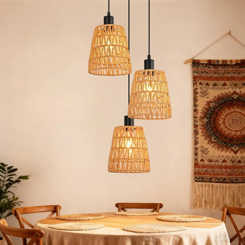 Lampa wisząca Nettlife Boho Rattan z 3 żarówkami – żyrandol z plecionej liny konopnej w stylu vintage, E27 (żarówki nie są dołączone)