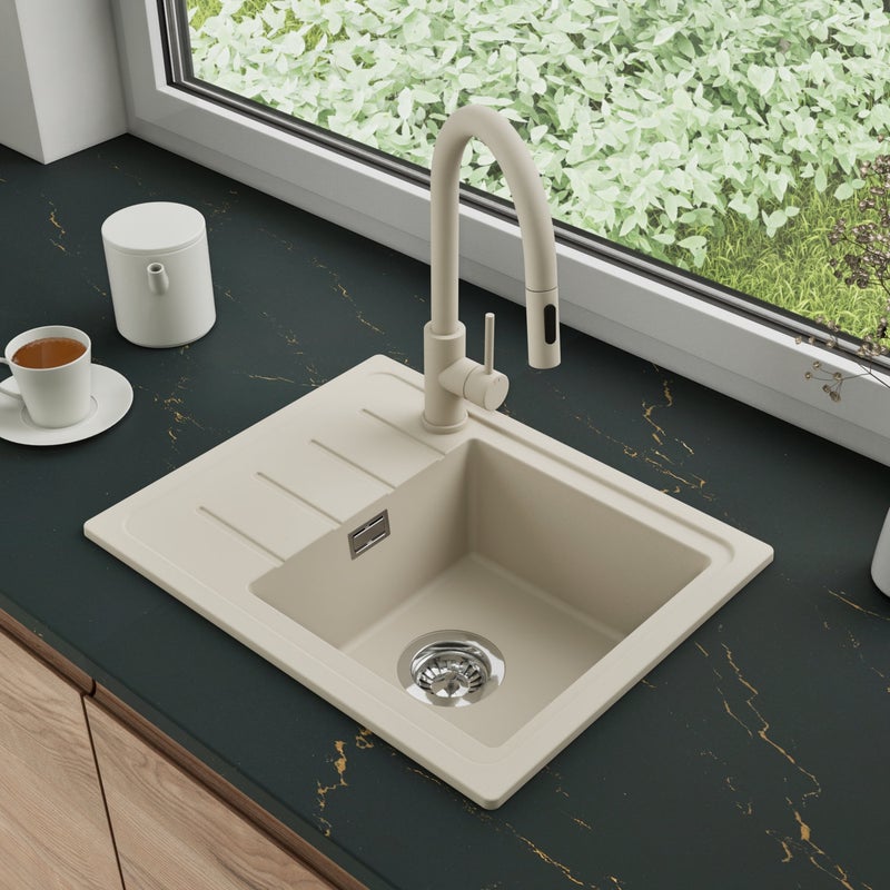 Zlewozmywak Granitowy 55x44cm, do szafki od 45cm + Bateria + Syfon - Ametyst Beżowy STONESTYLE
