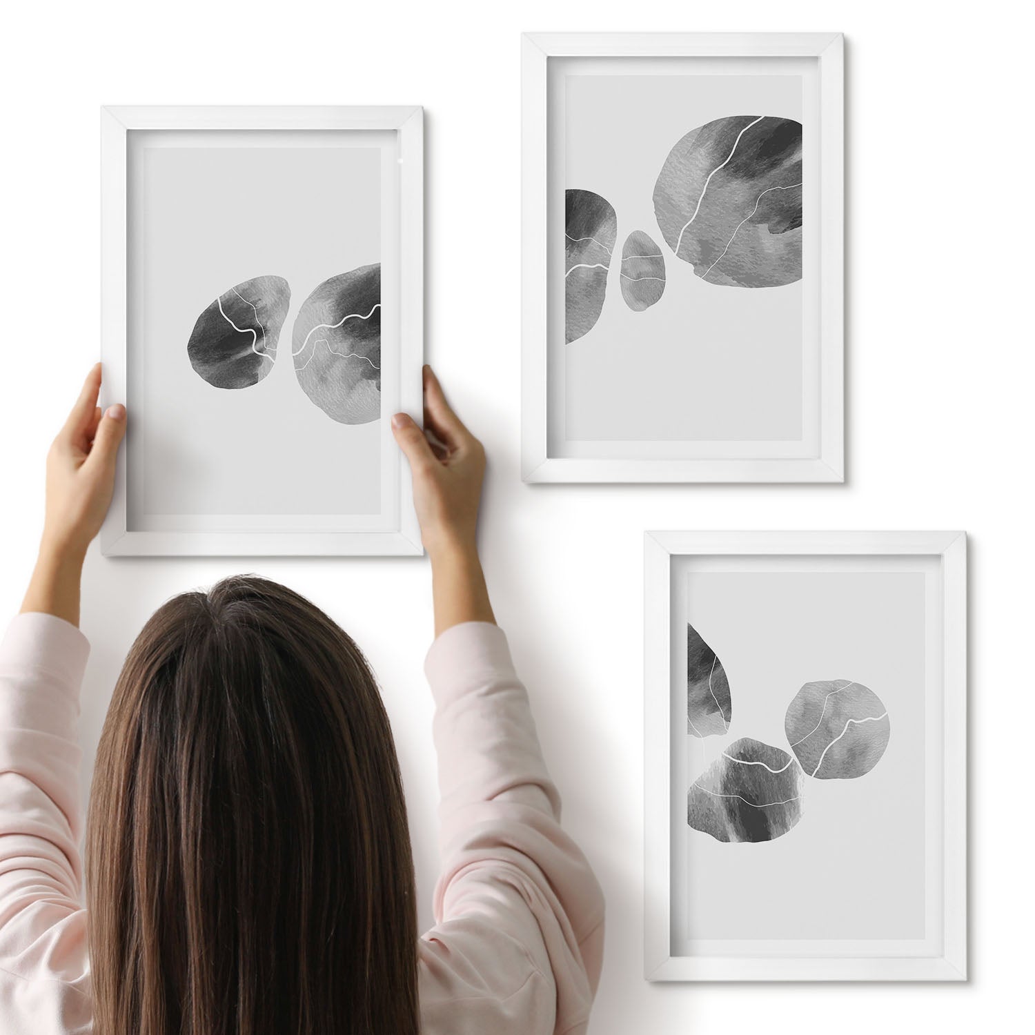 Galeria ścienna 3-częściowy komplet obrazów w białych ramach - Plam farb abstrakcyjne malarstwo minimalistyczne - ArtPrintCave