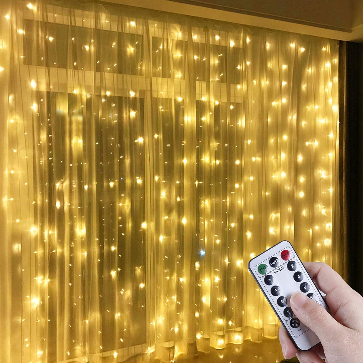 Kurtyna świetlna 3 * 3M 300 LED z 8 trybami oświetlenia, pilot USB, dekoracja okienna, do wnętrz - biały ciepły