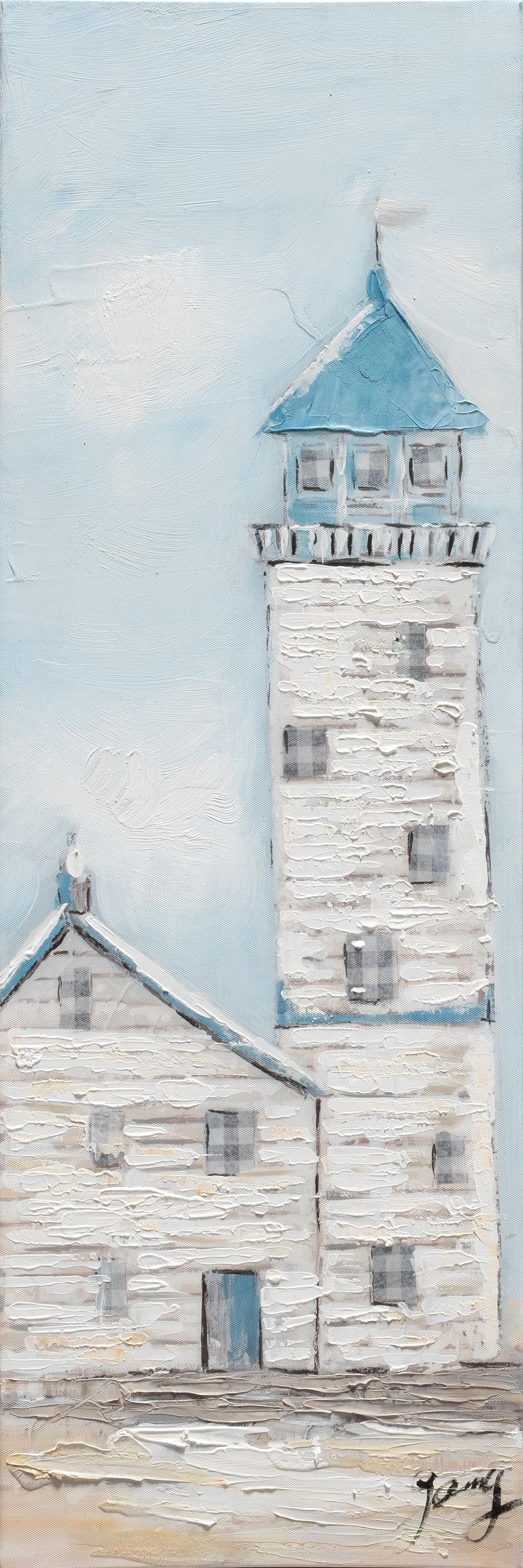 Obraz na płótnie Dom z latarnią morską, niebieski, 90 x 30 cm