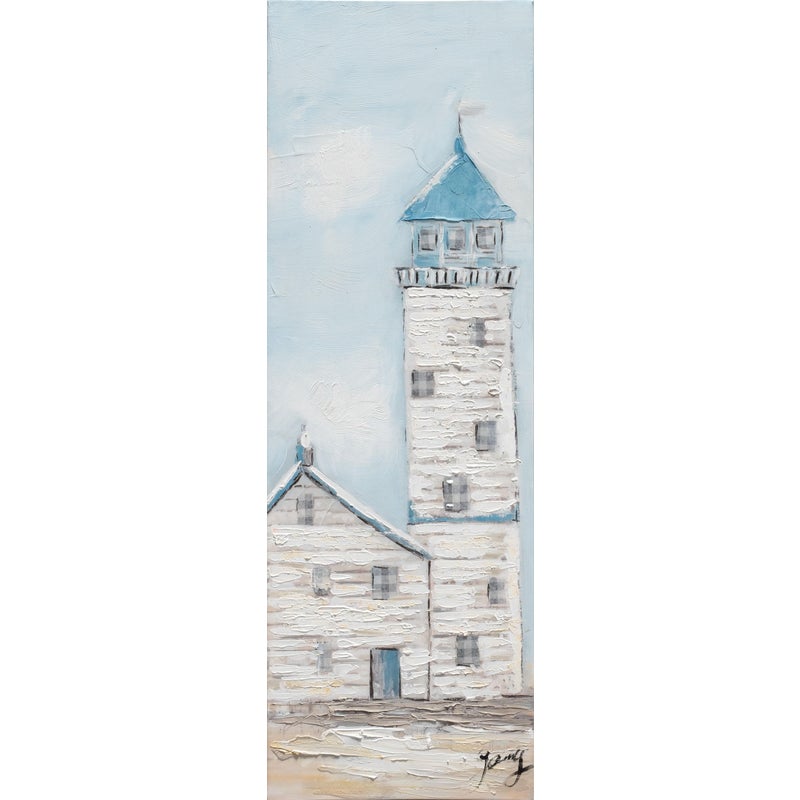 Obraz na płótnie Dom z latarnią morską, niebieski, 90 x 30 cm