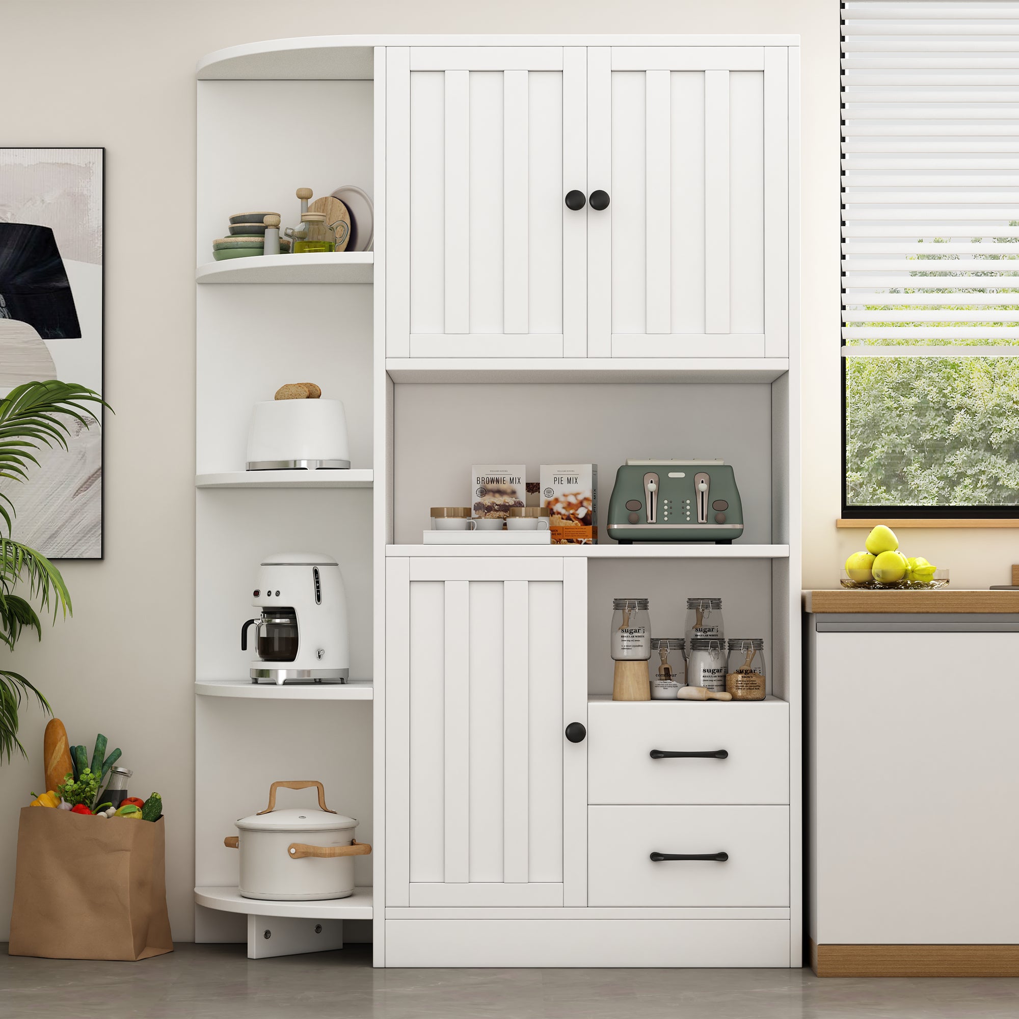 Witryna 104x35x155 cm - 3 drzwi i 2 szuflady - Regulowane półki - Biała