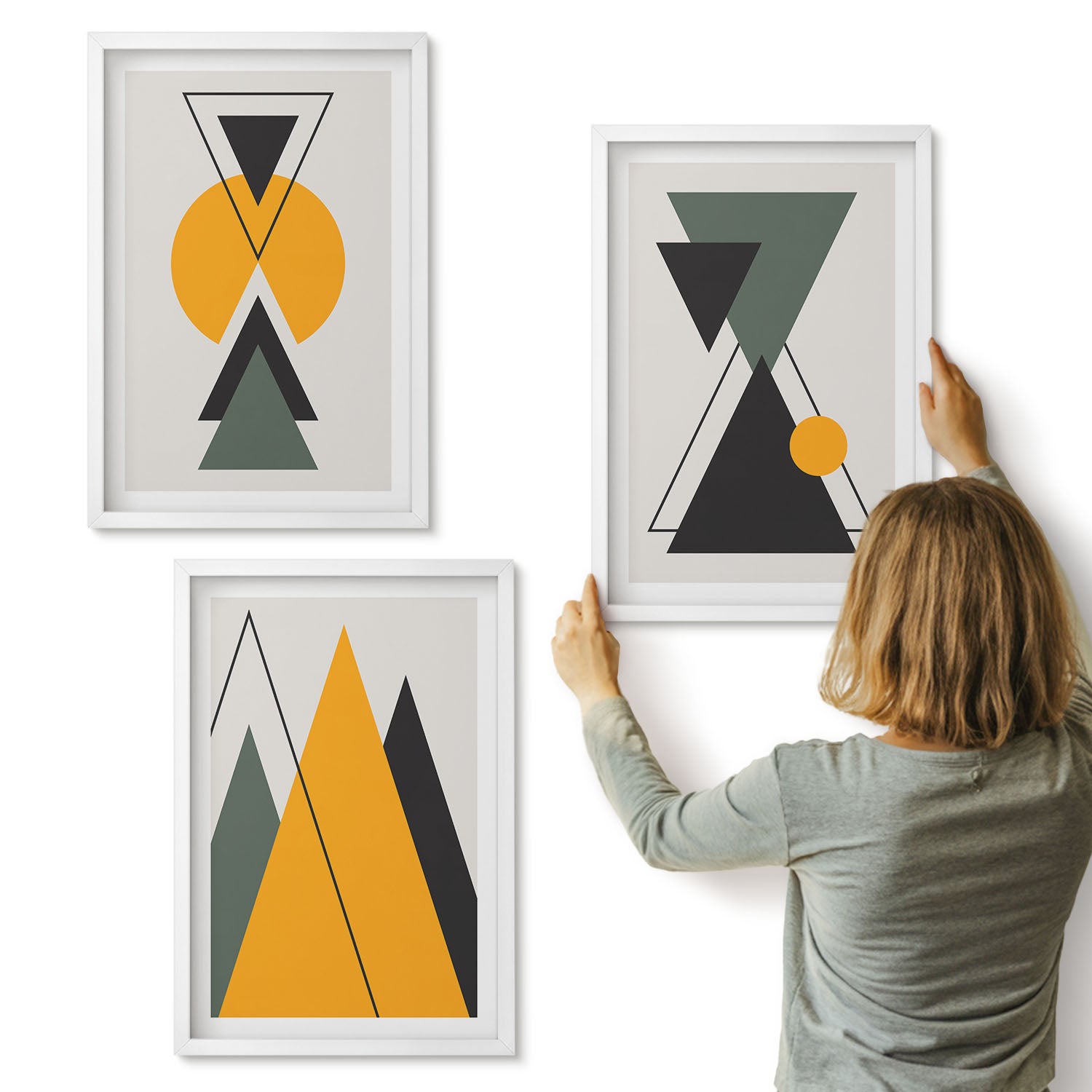 Galeria ścienna 3-częściowy komplet obrazów w białych ramach - Abstrakcyjne kształty geometryczne - ArtPrintCave