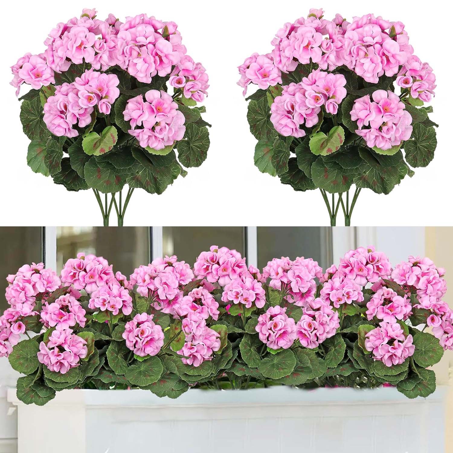 3 bukiety sztucznych geranium – różowe, odporne na warunki atmosferyczne, do ogrodu, balkonu, tarasu, skrzynki na kwiaty, ślub, dekoracja domu