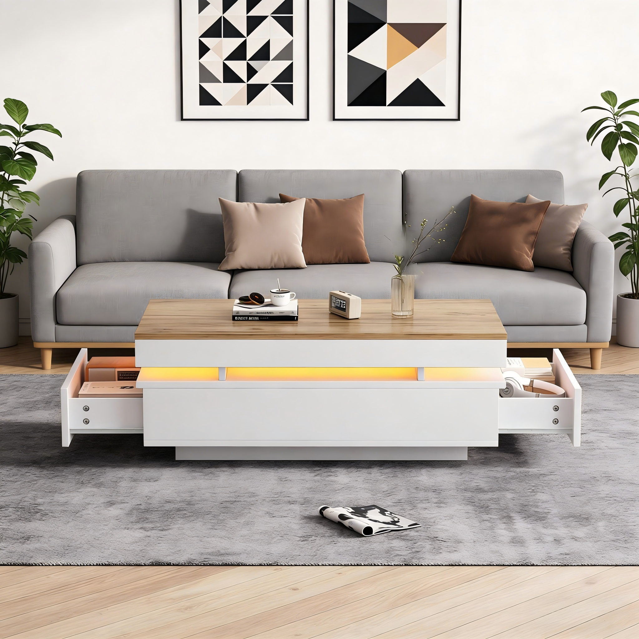 Stolik kawowy 100 x 50 x 35 cm z 2 szufladami, stolik boczny LED o wysokim połysku, stolik do herbaty, stolik pod sofę