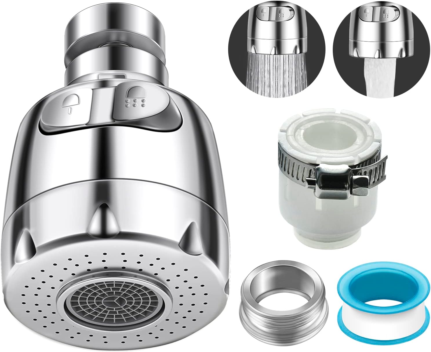 Perlator do kranu, dysza do kranu kuchennego z obrotem 360°, dysza do kranu z 2 trybami przepływu wody, uniwersalna, łatwa instalacja