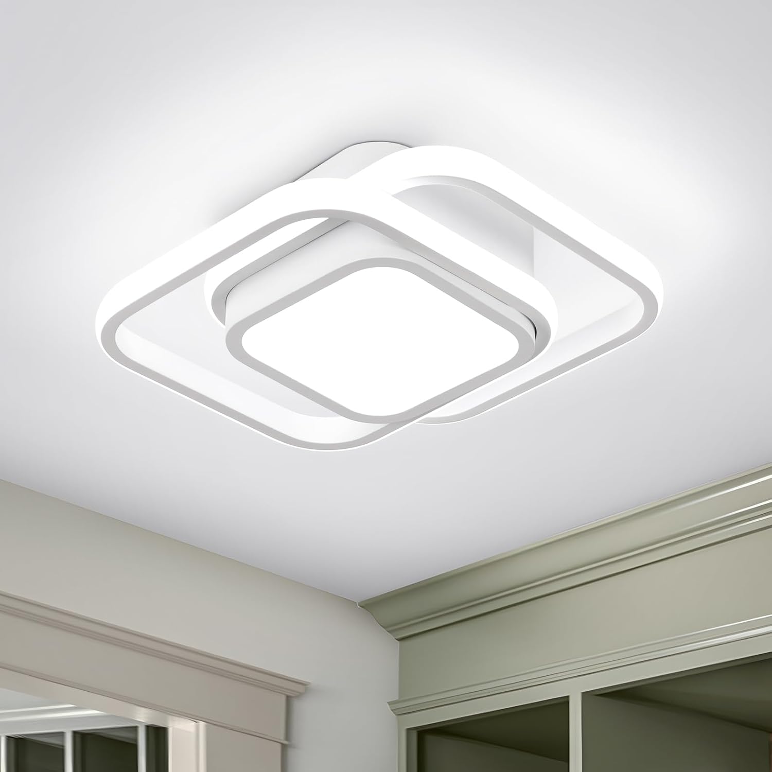 Nowoczesna lampa sufitowa LED – Kreatywny, podwójnie kwadratowy design – Biały, odpowiedni do korytarzy, salonów, sypialni, kuchni i biur (światło tr