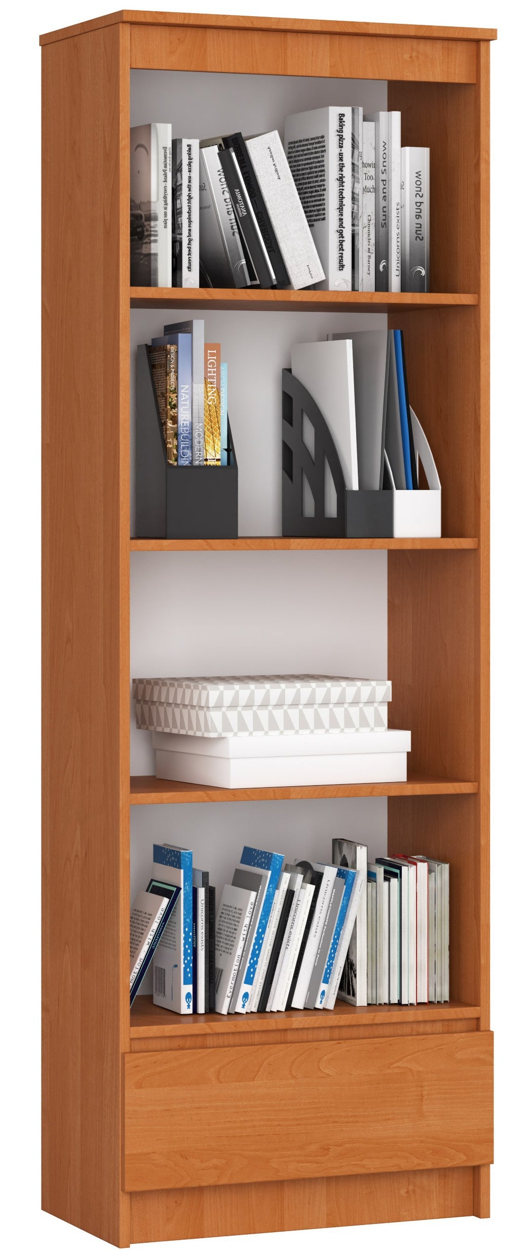 Regał AKORD R60 Olcha 60 cm façade Blanche mat 1 szuflada kolor Olcha mat 4 półki 60x35x180 cm
