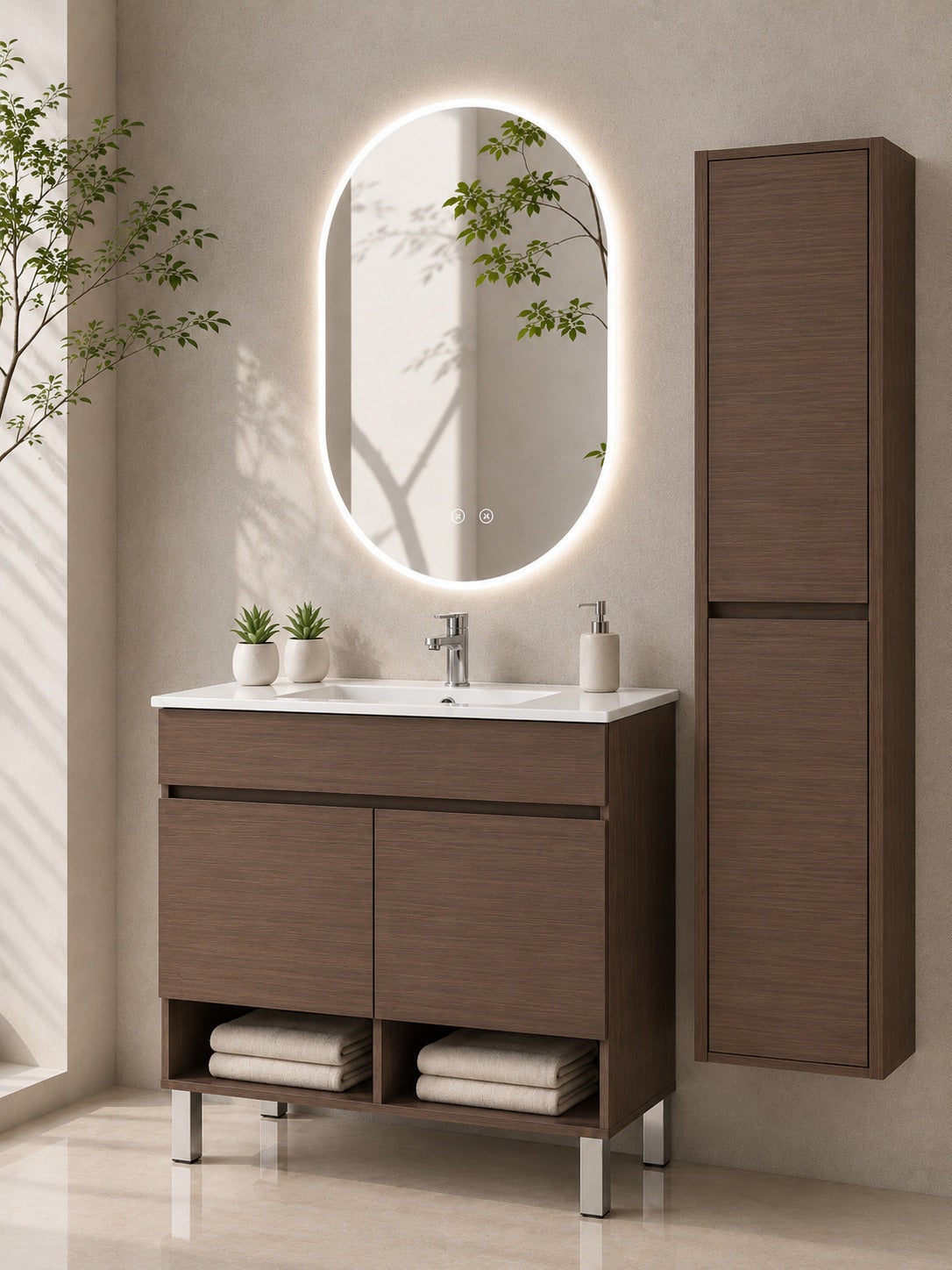 Szafka łazienkowa na nóżkach z umywalką ORIGENBATH NEBARI na nóżkach z drzwiami z kolumną 120x45 cm 1 umywalka jesion tea z kolumną