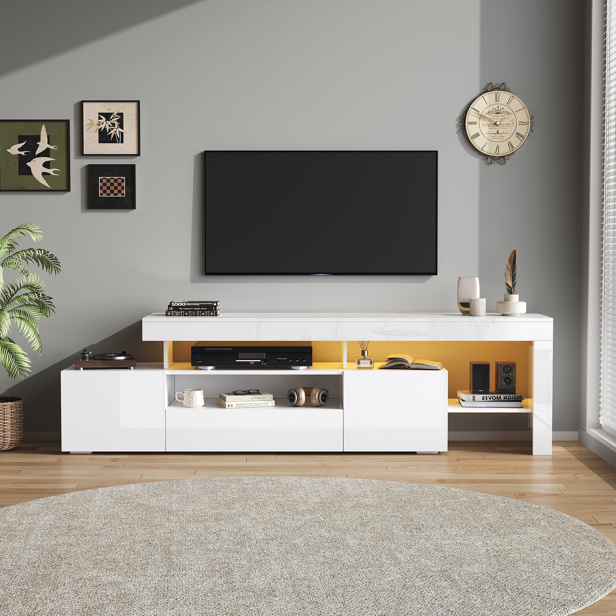 Szafka RTV z 3 drzwiami do telewizorów do 85 cali - 192 x 37 x 53 cm - Diody LED - Płyta wiórowa - Biała