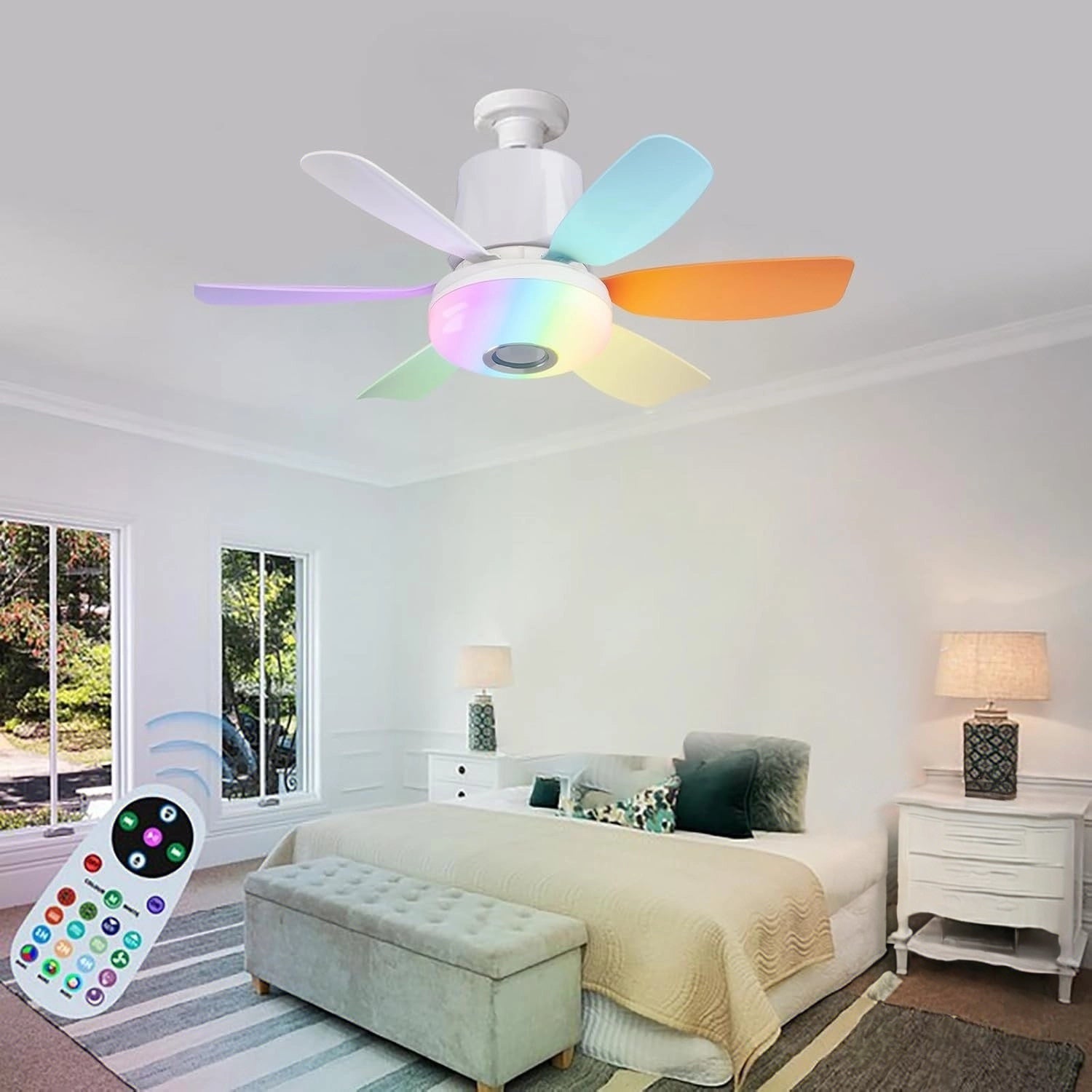 Mini Wentylator LED Bluetooth 4-w-1 - Lampa Sufitowa 18,5 Cala z RGB, 3 Prędkości, Timer, Ściemnialna - Pilot Zdalnego Sterowania, E27