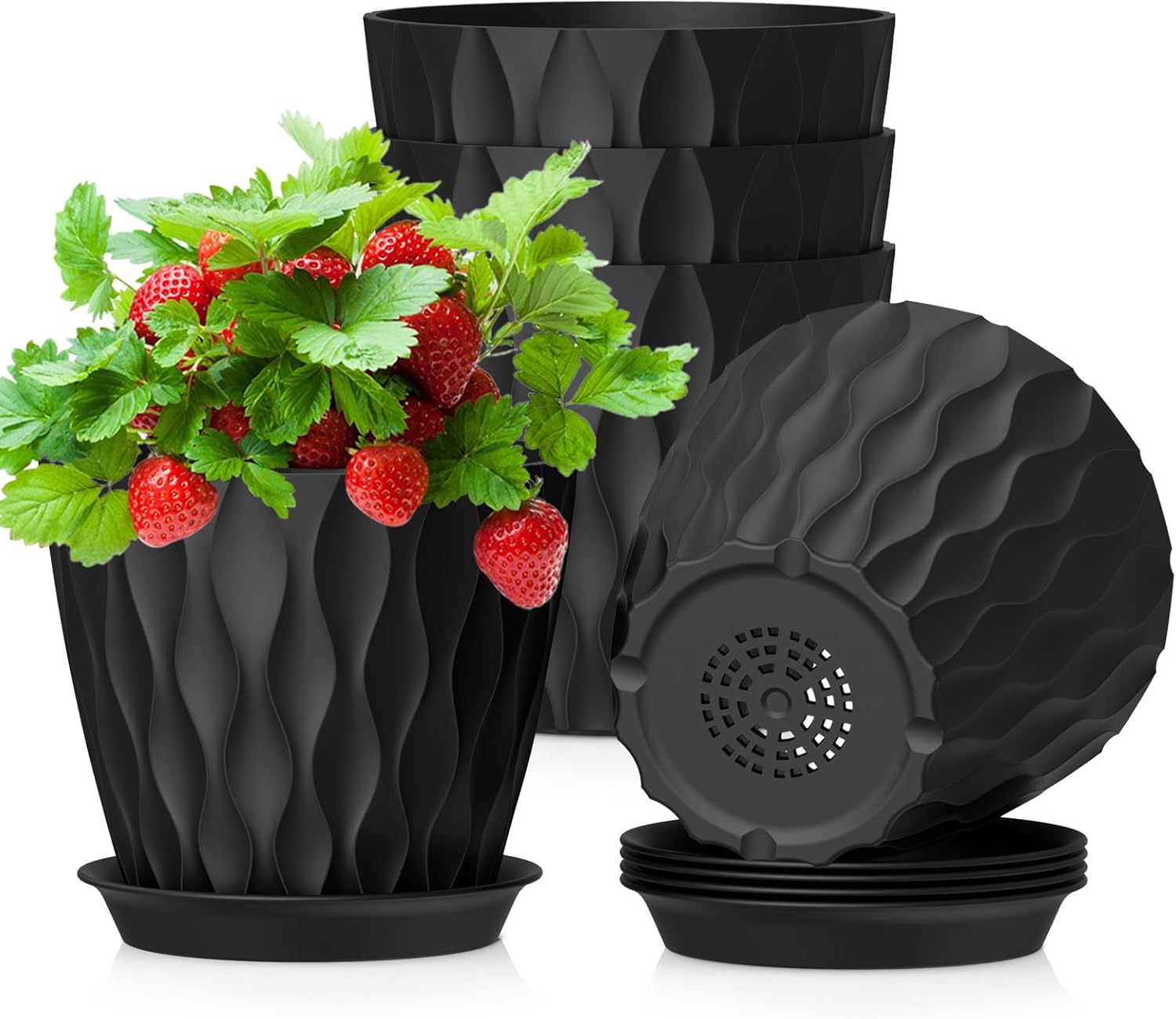 Doniczka do kwiatów doniczkowych (12,7 cm), zestaw 5 plastikowych doniczek z drenażem i podstawkami, nowoczesny, falisty wzór 3D, doniczka na sadzonk