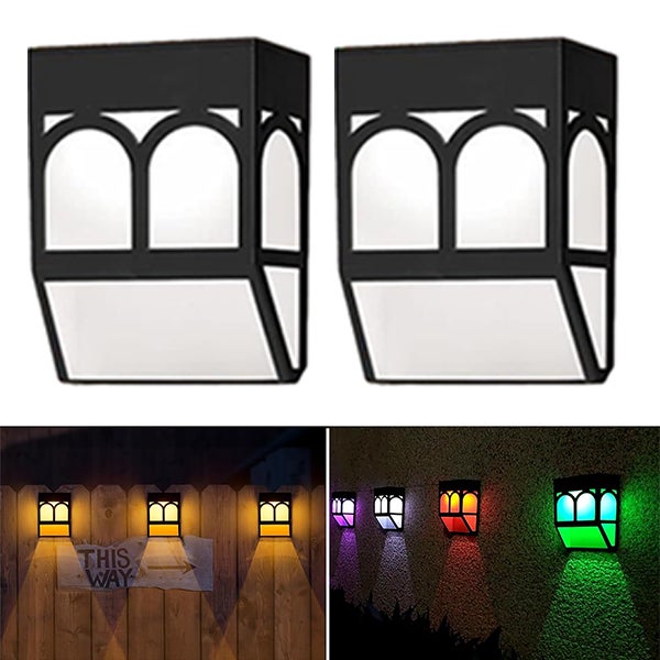 Lampa solarna zewnętrzna LED, 2 sztuki, solarna lampa ścienna do ogrodzenia, ciepłe + kolorowe światło
