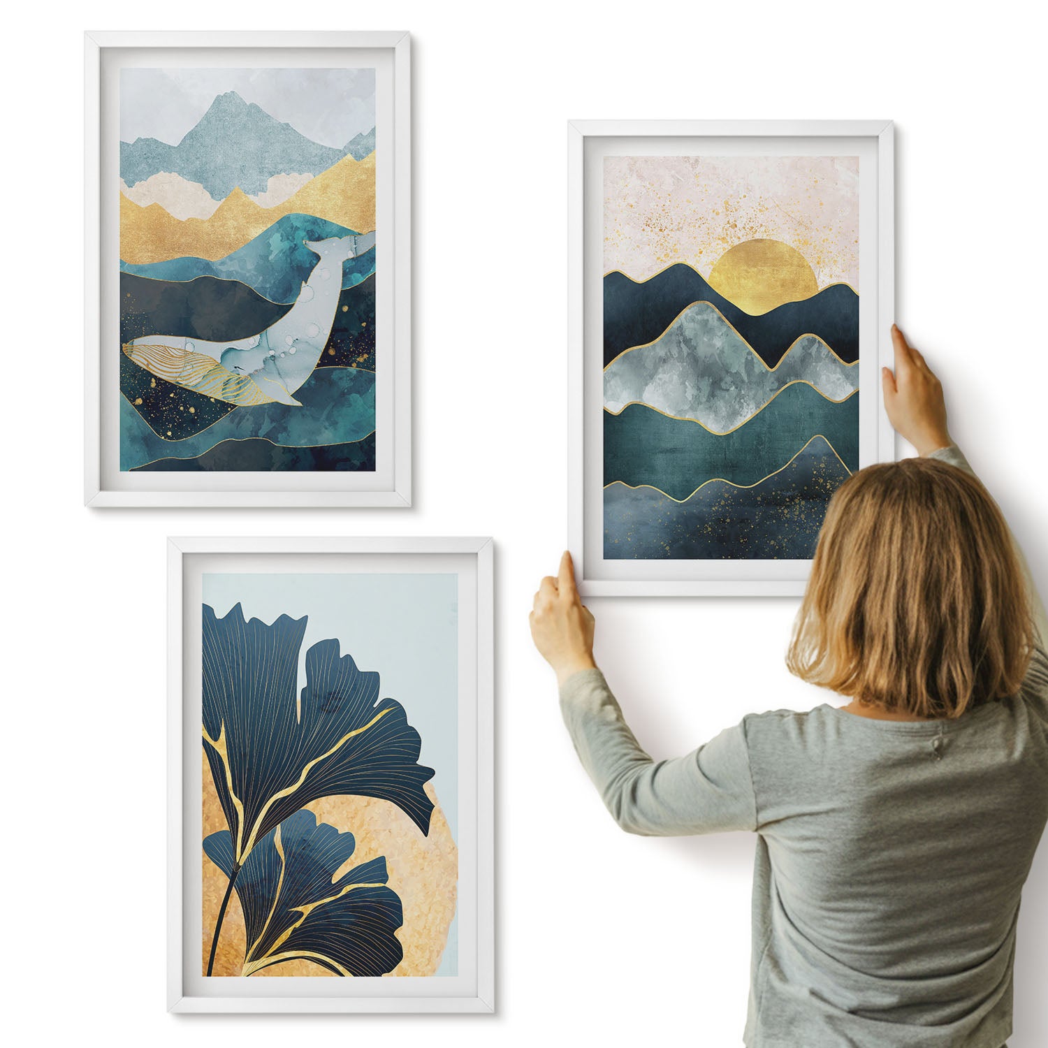 Galeria ścienna 3-częściowy komplet obrazów w białych ramach - Abstrakcyjne estetyczne widoki z górami i roślinami - ArtPrintCave