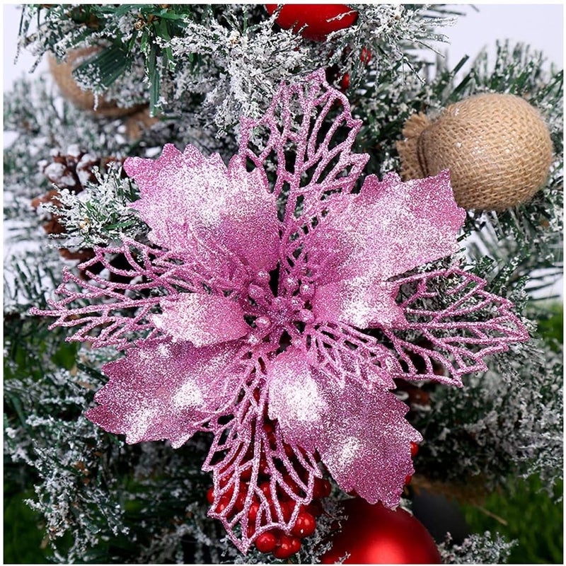 (Różowy) Zestaw 12 sztucznych brokatowych kwiatów poinsecji na choinkę, średnica 16 cm