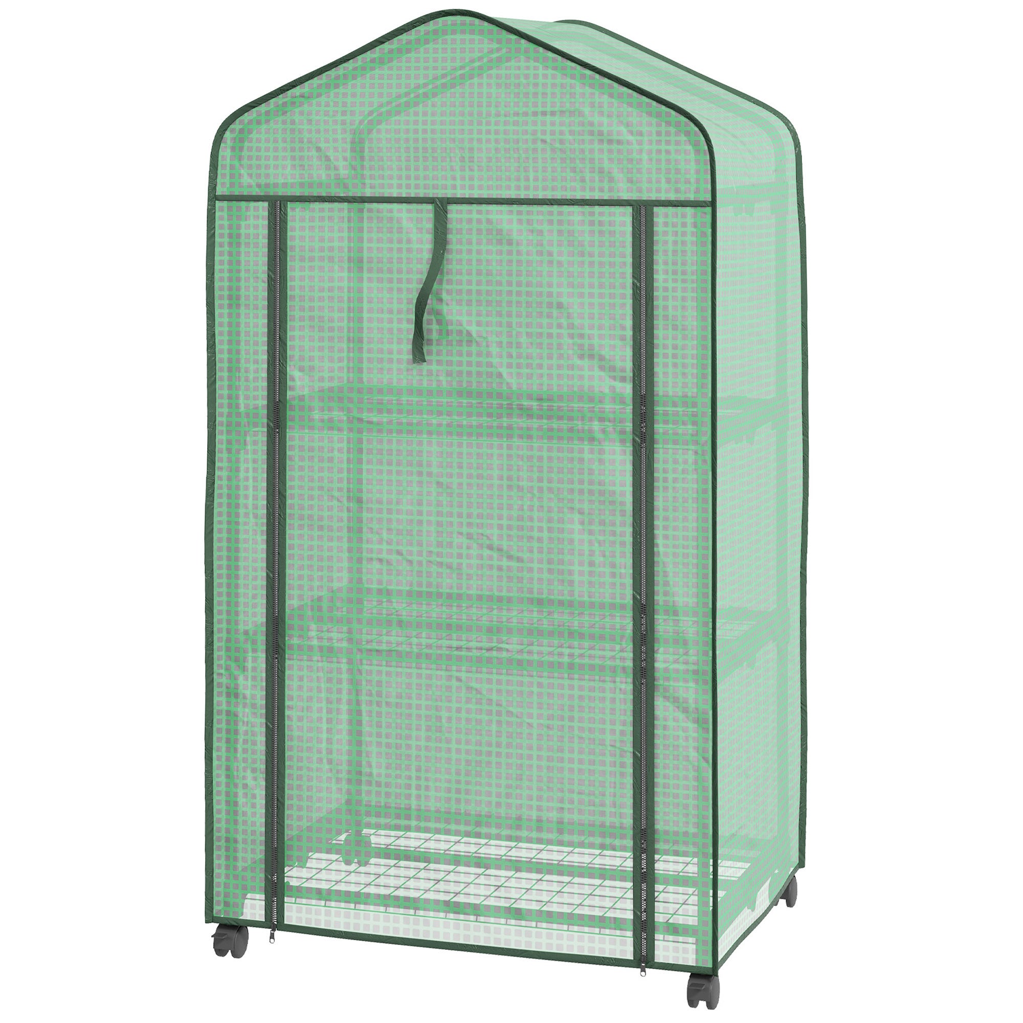 Mini szklarnia ogrodowa z pokrowcem PE, 3 półkami i kółkami, 69 x 49 x 130 cm, zielona