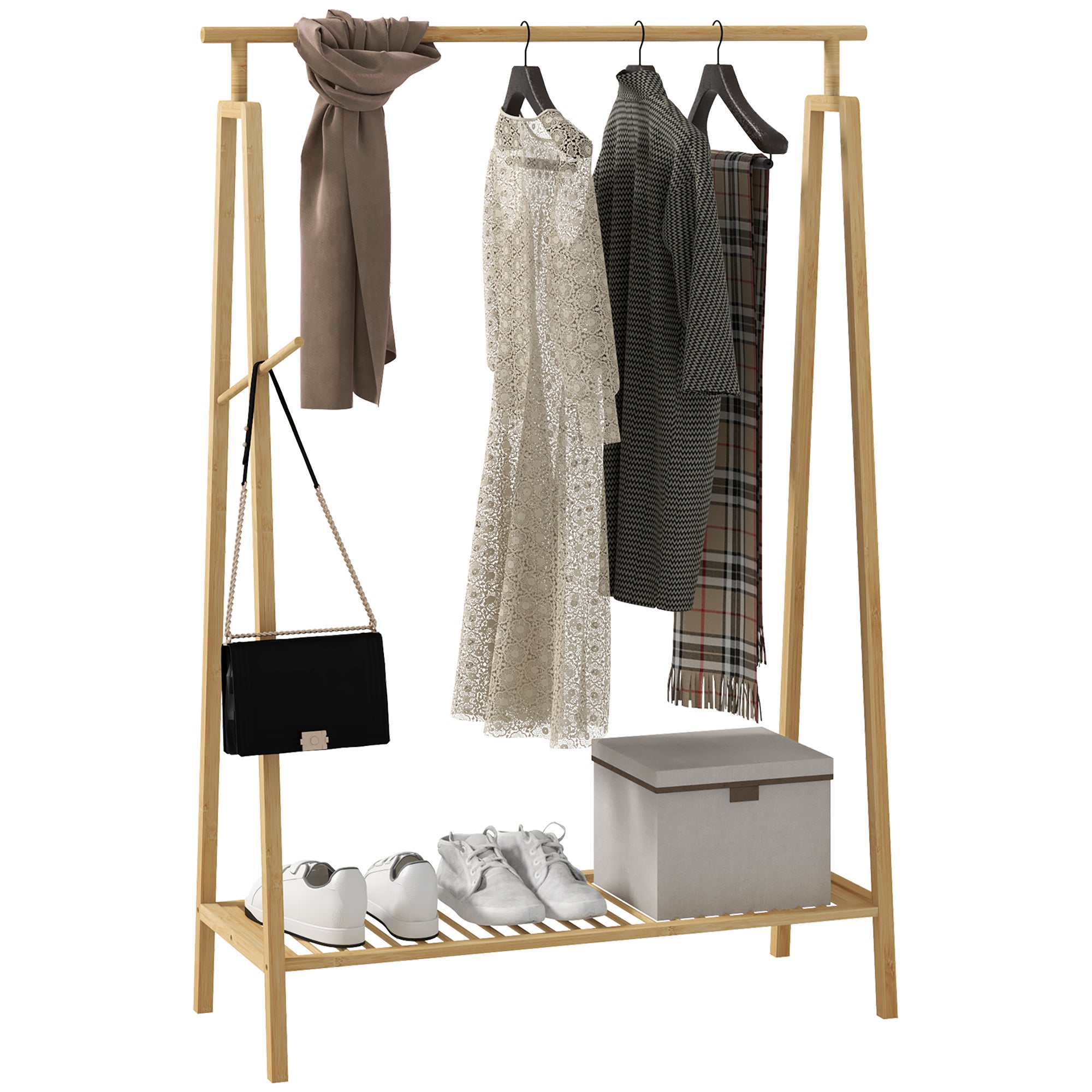 Bambus wieszak na ubrania, drewniany Wieszak z półka na buty, WYMIARY: 110L x 42W x 152H cm