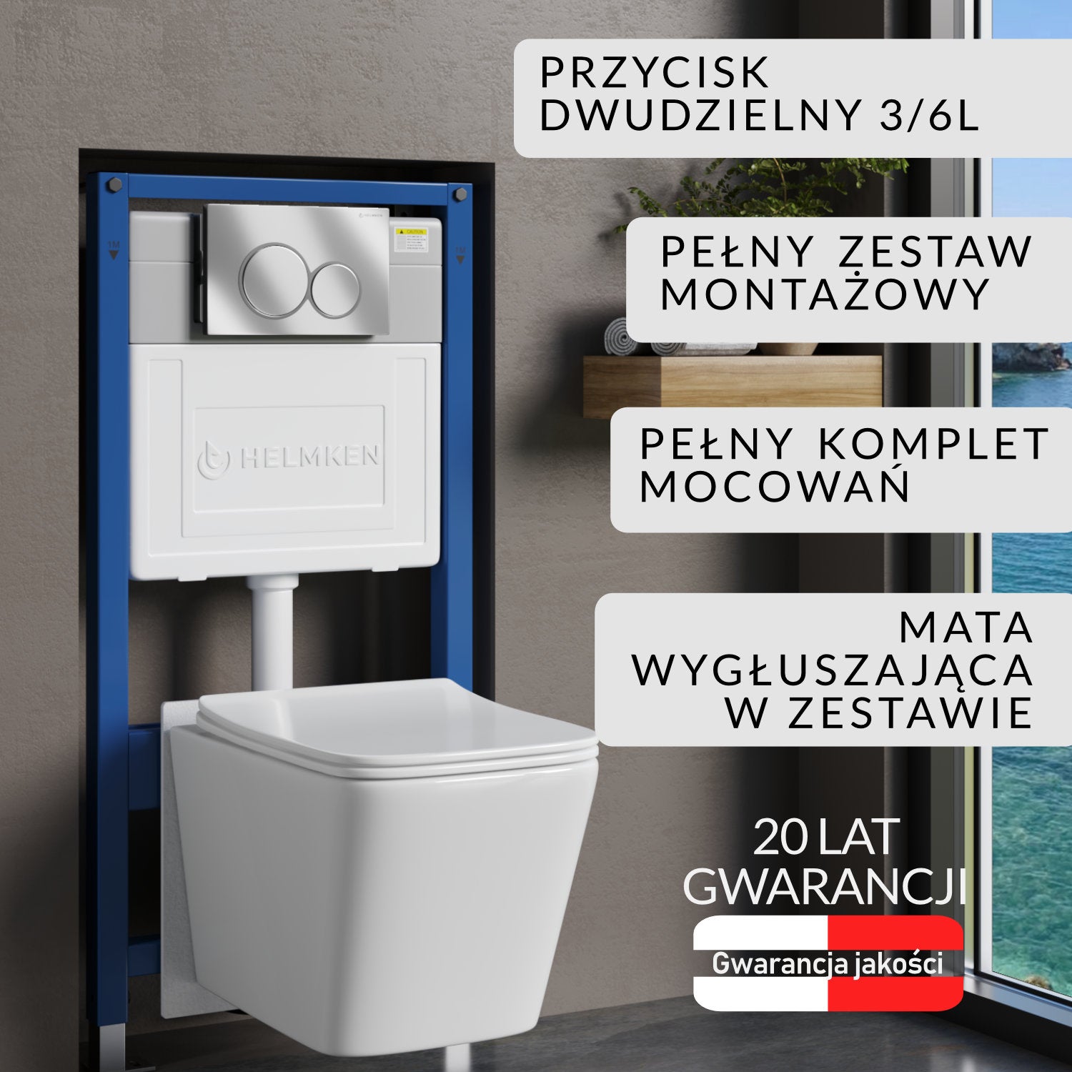 Stelaż podtynkowy WC Helmken 35120001 Zestaw 5w1: Przycisk Satуna, Miska bezkołnierzowa Rimless, Deska wolnoopadająca, Mata