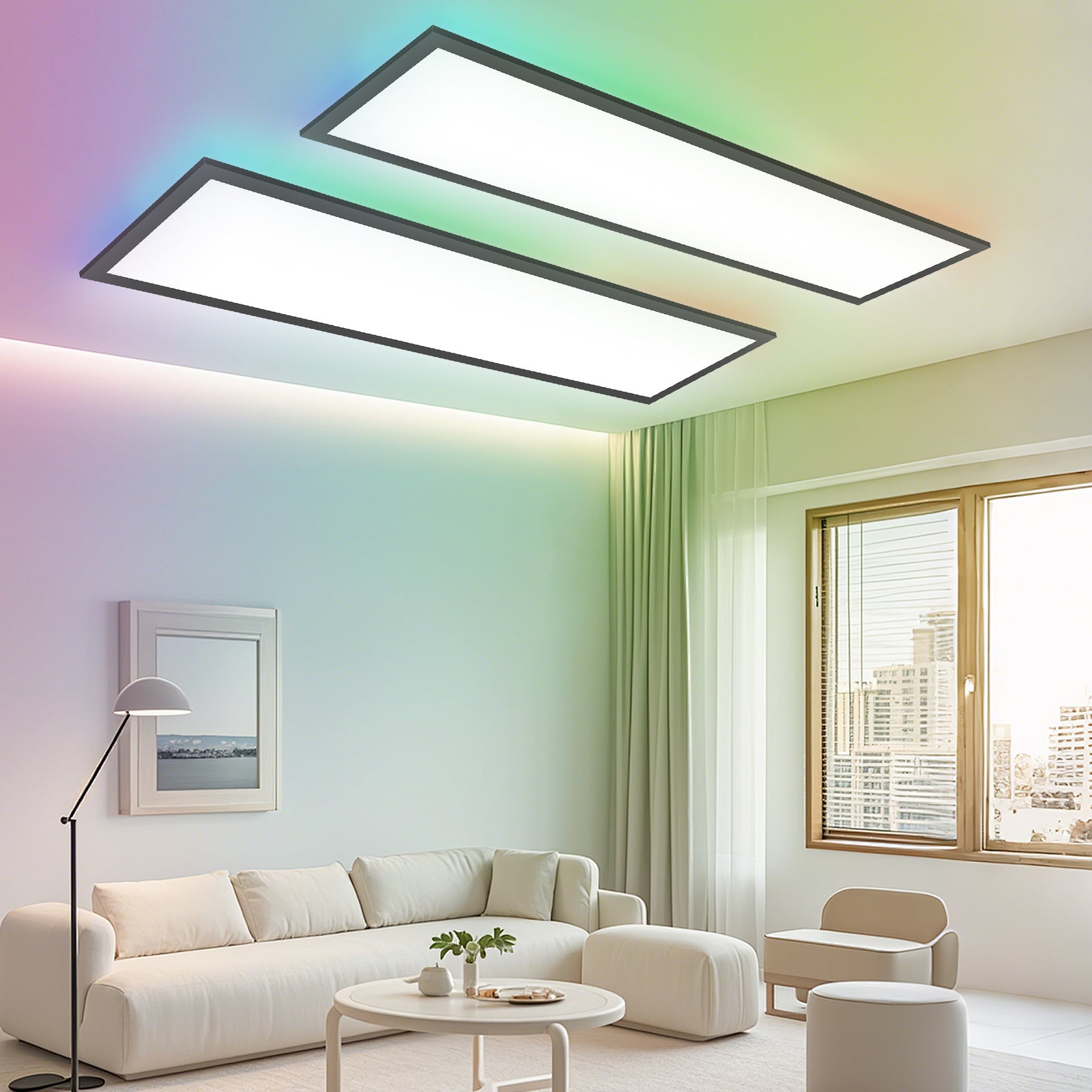 LOVHAUS 2 SZT Sufitowy Panel LED Ściemnialny 120x30cm z Podświetleniem RGB, 36W 3960LM, Panel LED z Pilotem, Pamięć, 3000K-6500K, Czarny
