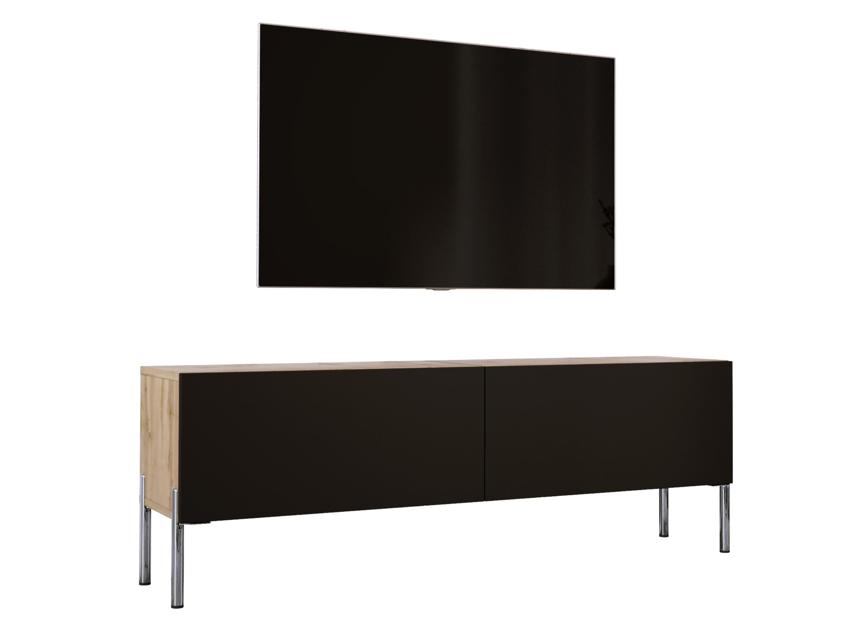 Szafka RTV: Dąb Wotan / Czarny Mat, Nogi Chrom, 140 x 52 x 32 cm