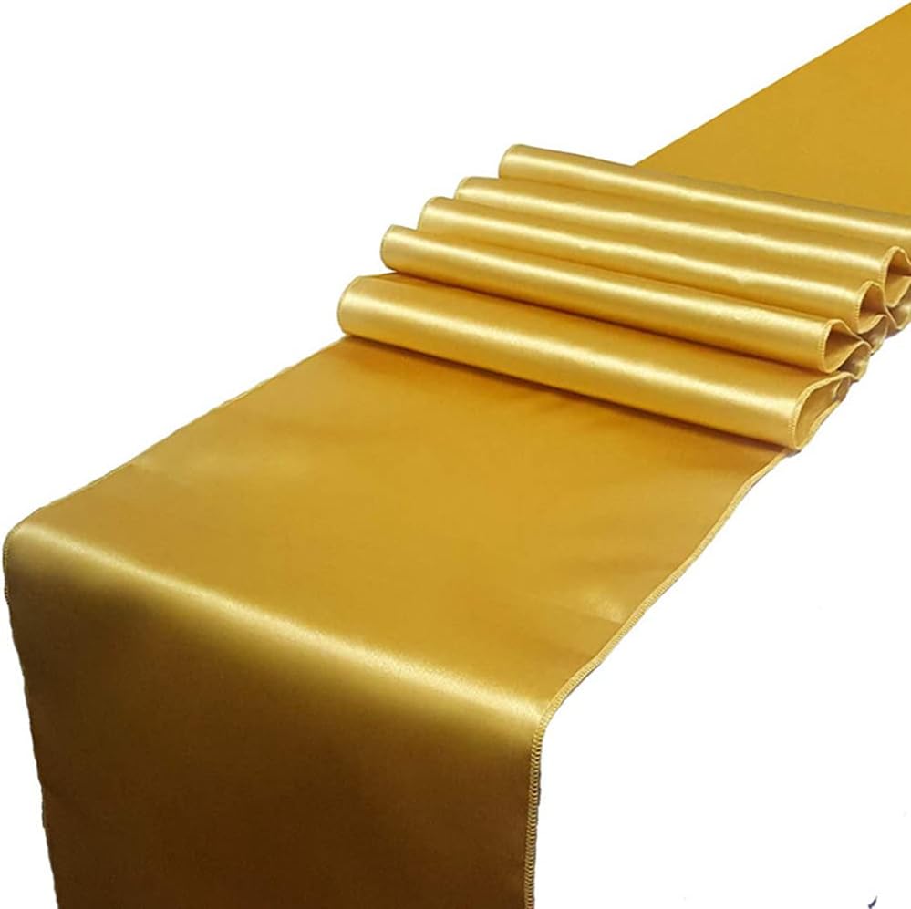 (Złoty) Zestaw 10 satynowych bieżników do dekoracji stołu weselnego, 275 cm x 30 cm