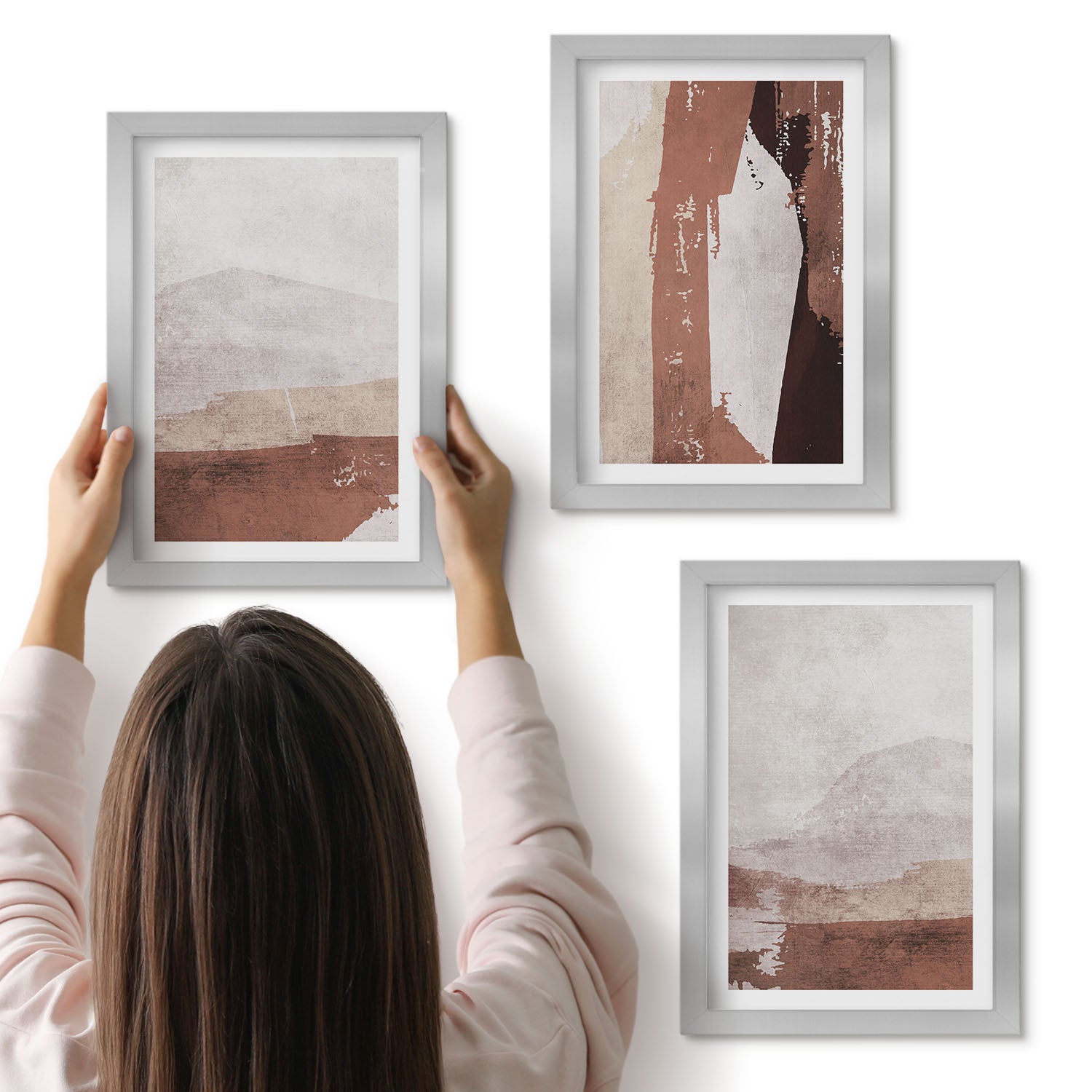 Galeria ścienna 3-częściowy komplet obrazów w srebrnych ramach - Abstrakcyjne wzory w odcieniach brązu i beżu - ArtPrintCave
