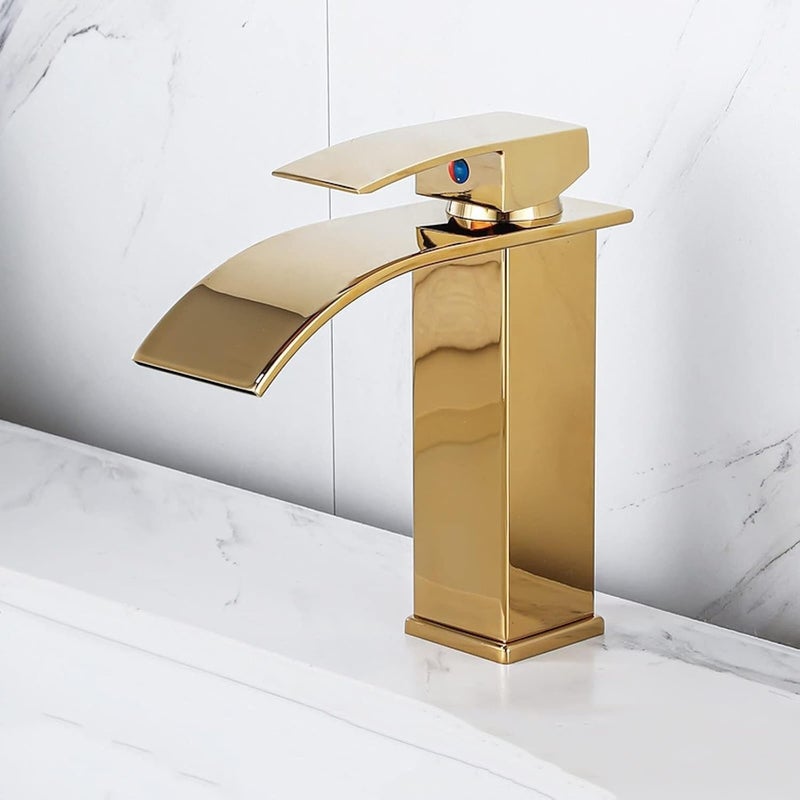 Kran umywalkowy w stylu wodospadu, kran łazienkowy ze stali nierdzewnej, klasyczny złoty kolor, elegancki design.