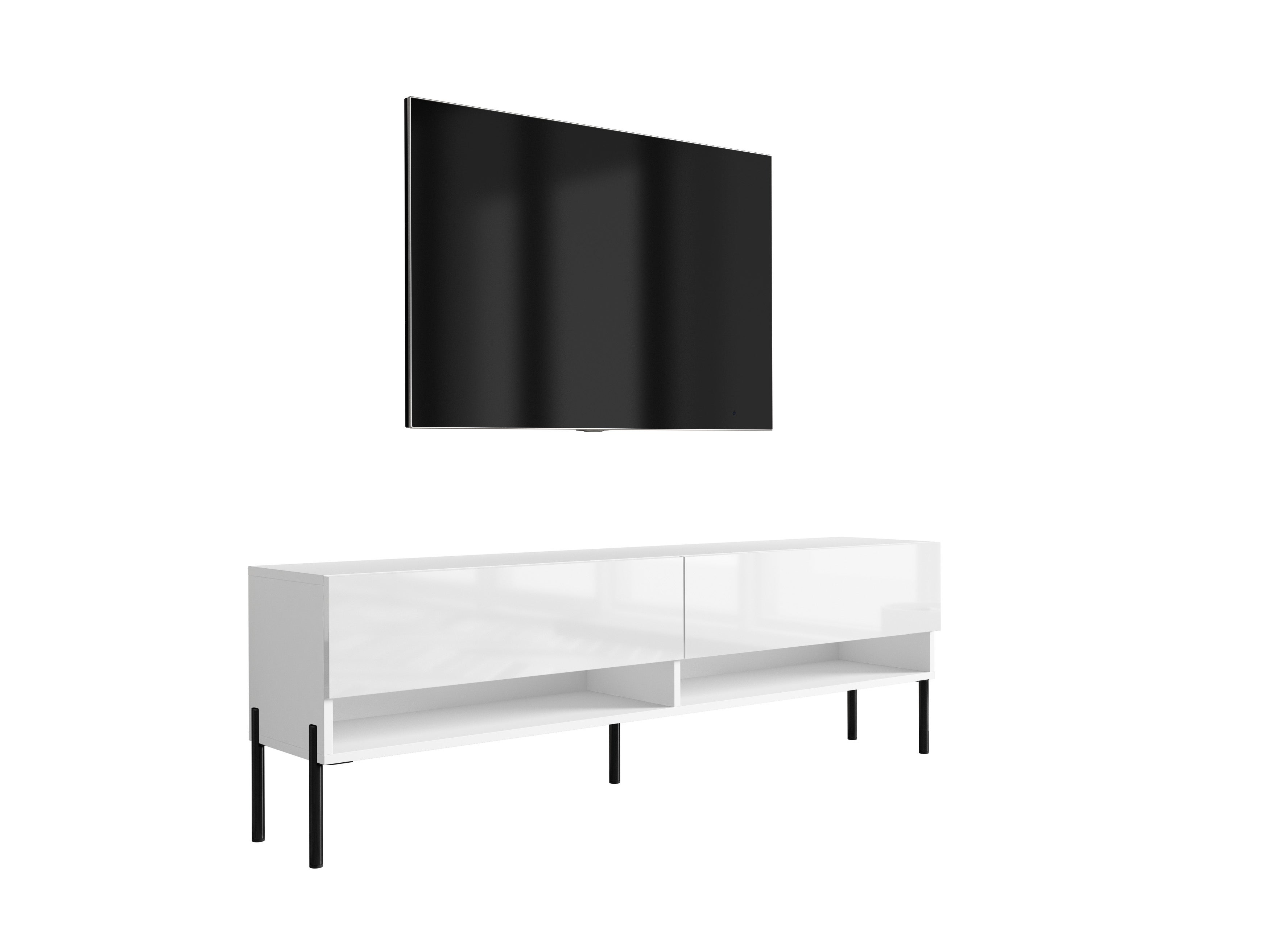Szafka pod telewizor 170 cm Biały Mat / Biały Połysk, nóżki proste czarne, 170 × 32 × 52 cm