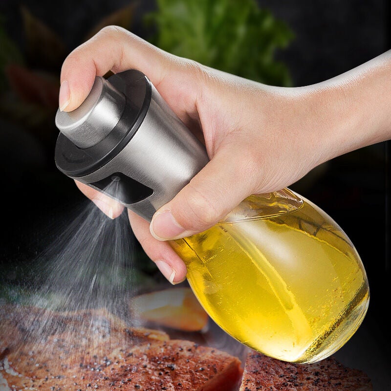 Spryskiwacz do oliwy, 200 ml spryskiwacz do oliwy z oliwek z dozownikiem ze stali nierdzewnej, szczelny, szklana butelka na olej do grillowania/gotowa
