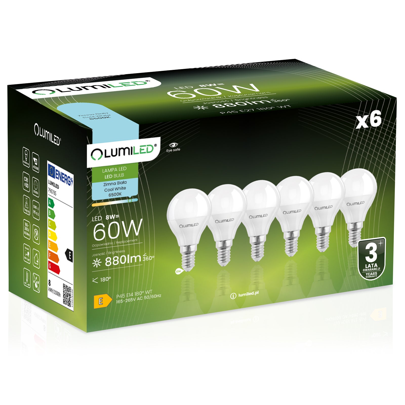 Żarówka LED Lumiled E14 Kulka P45 8W 880lm 6500K Zimna biel 180st 6 szt.