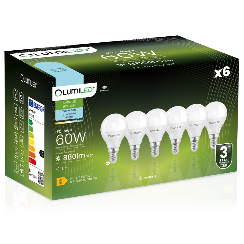 Żarówka LED Lumiled E14 Kulka P45 8W 880lm 6500K Zimna biel 180st 6 szt.
